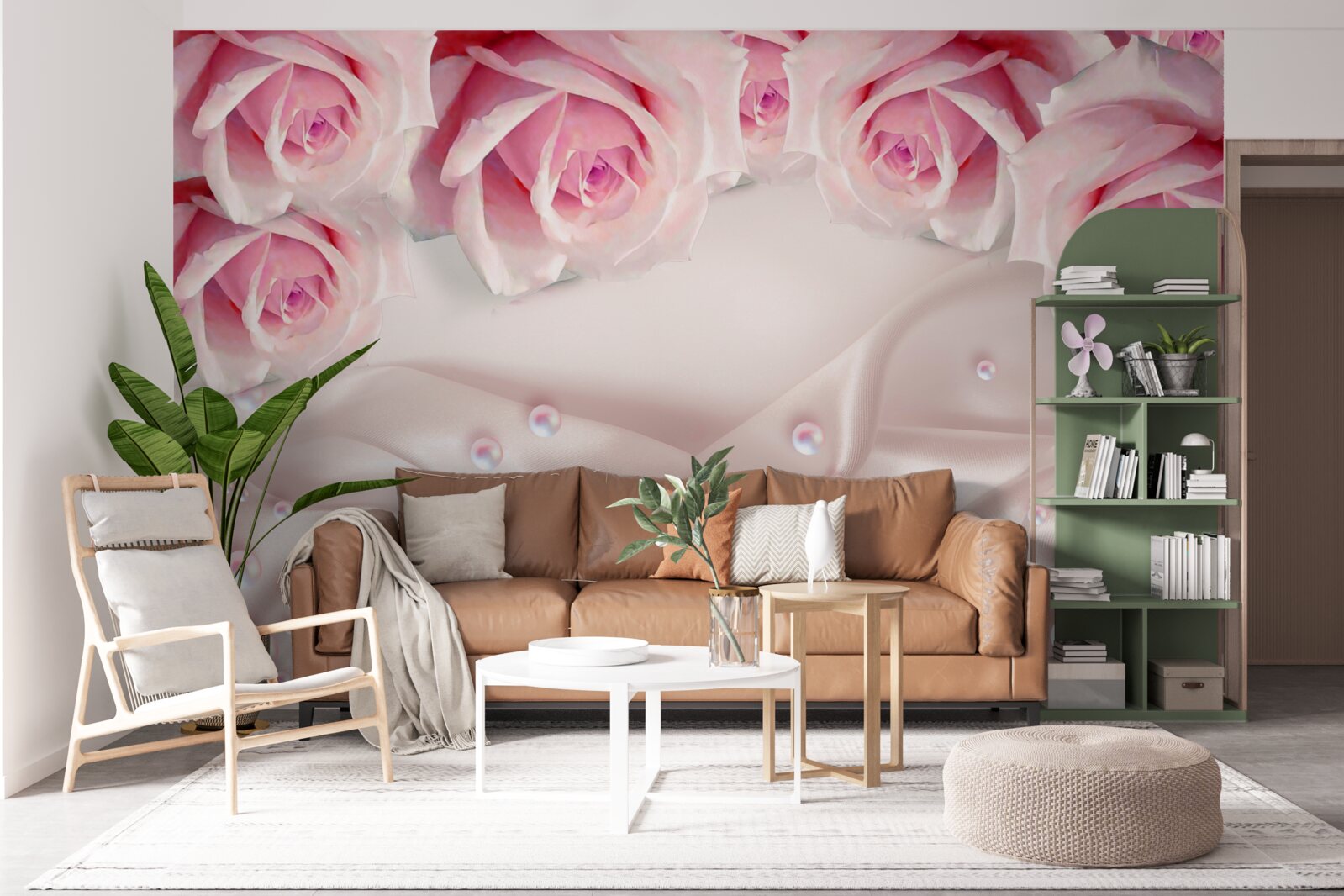 Fotobehang complexe set kralen en zijden roze rozen