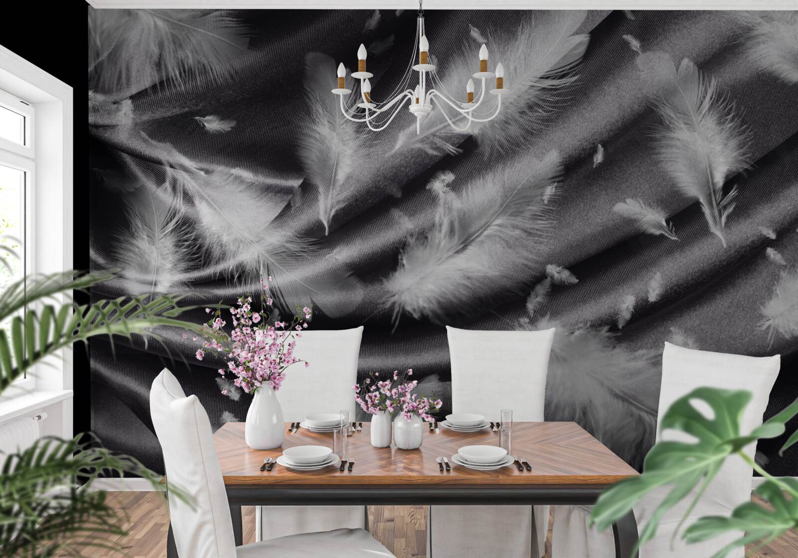 Fotobehang sneeuwwitte veren op de grijze stof