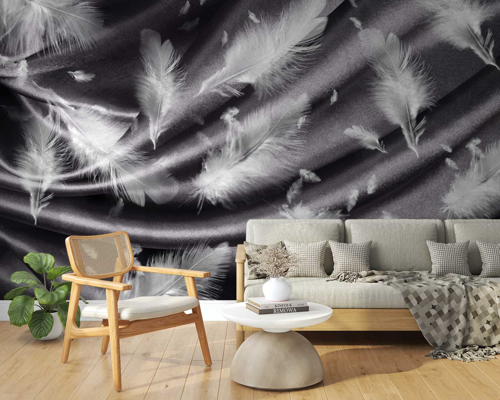 Fotobehang sneeuwwitte veren op de grijze stof