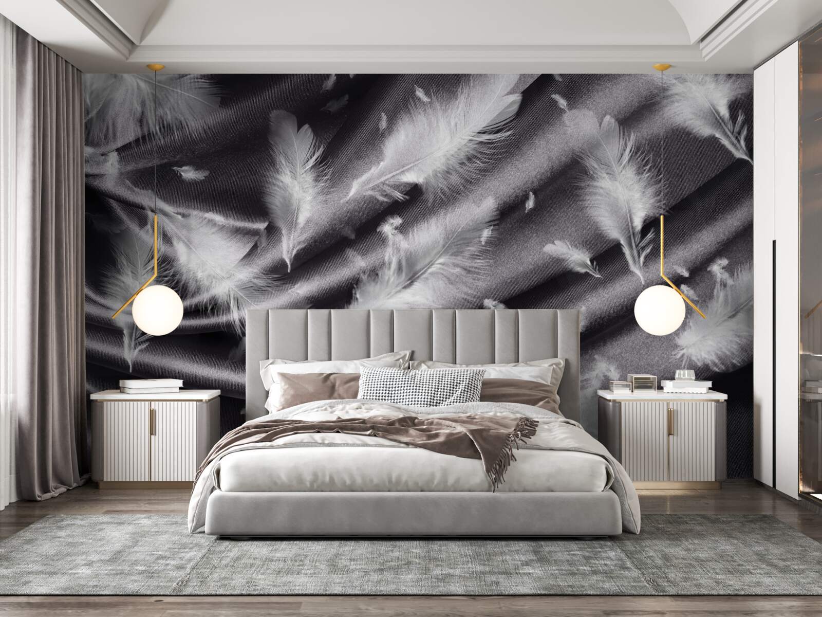 Fotobehang sneeuwwitte veren op de grijze stof