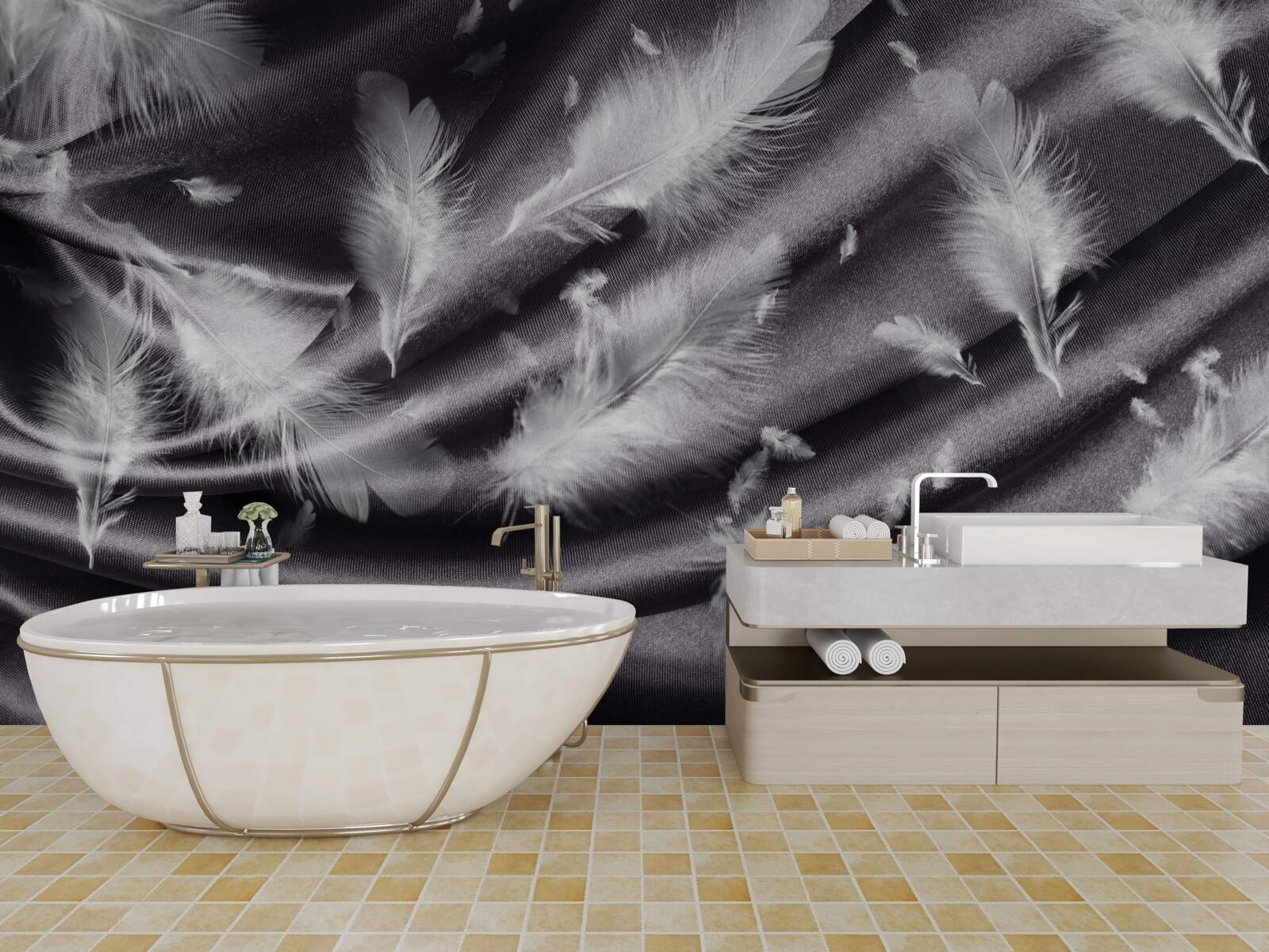 Fotobehang sneeuwwitte veren op de grijze stof