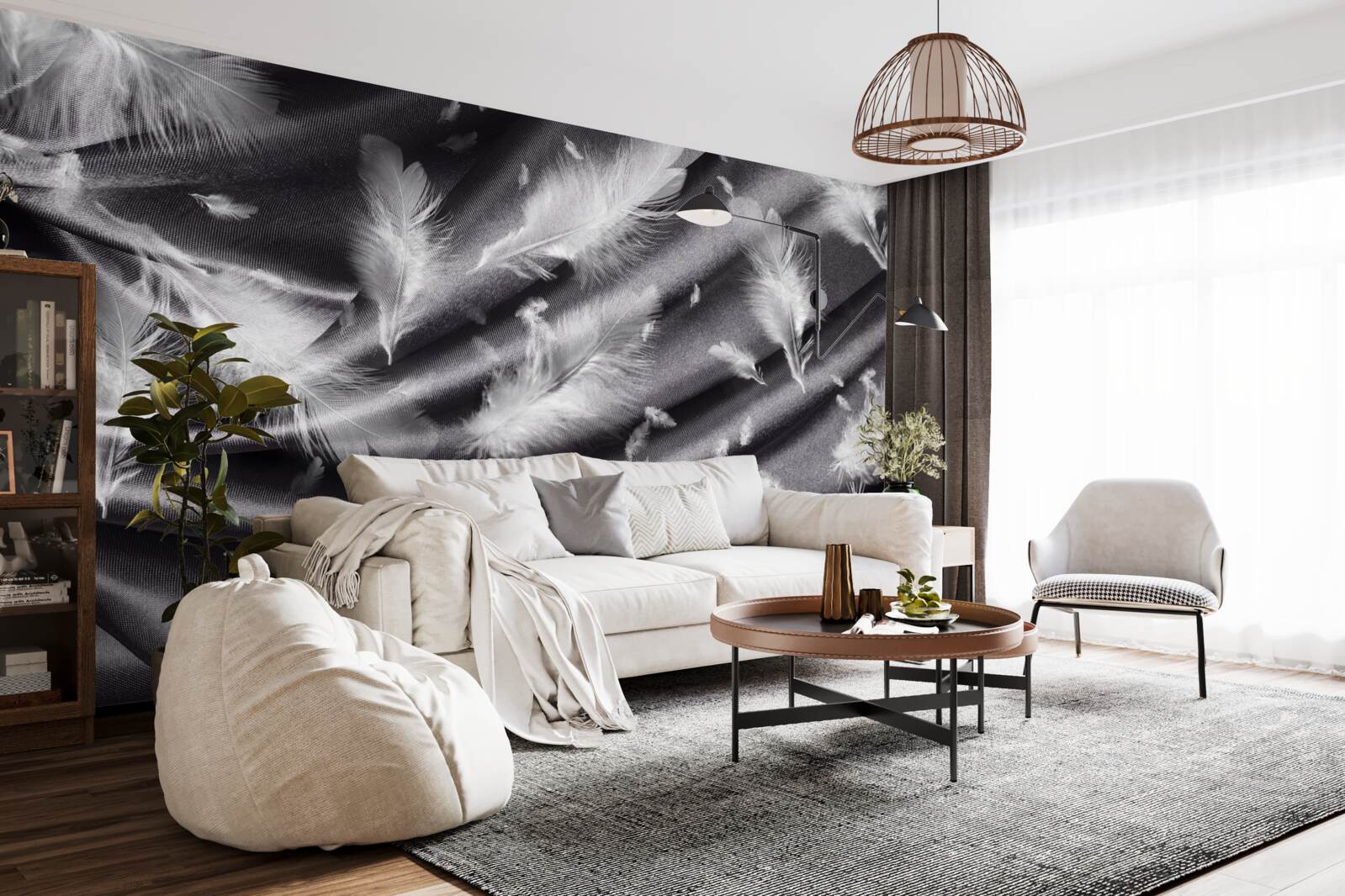 Fotobehang sneeuwwitte veren op de grijze stof