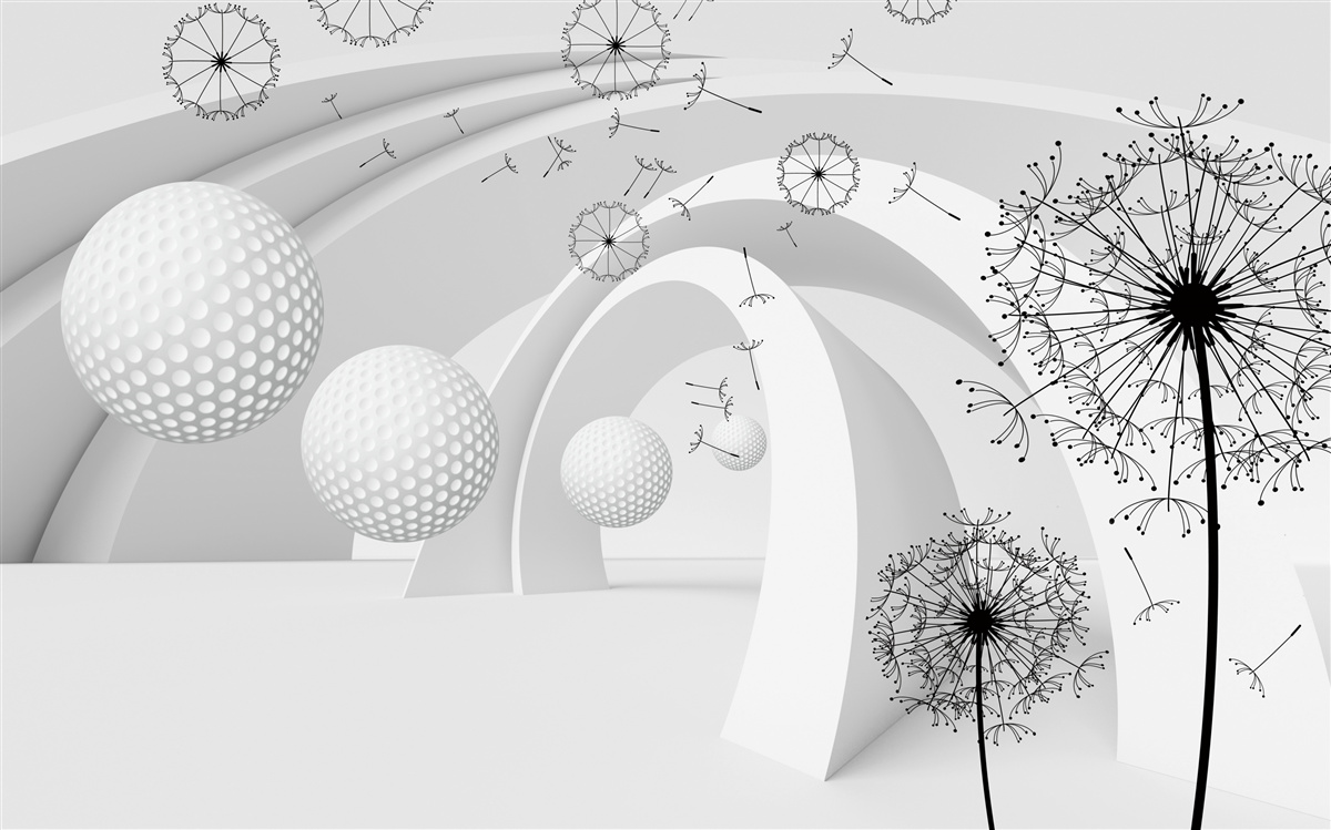 Fotobehang De bogen zijn sneeuwwit en versierd met paardenbloemen.