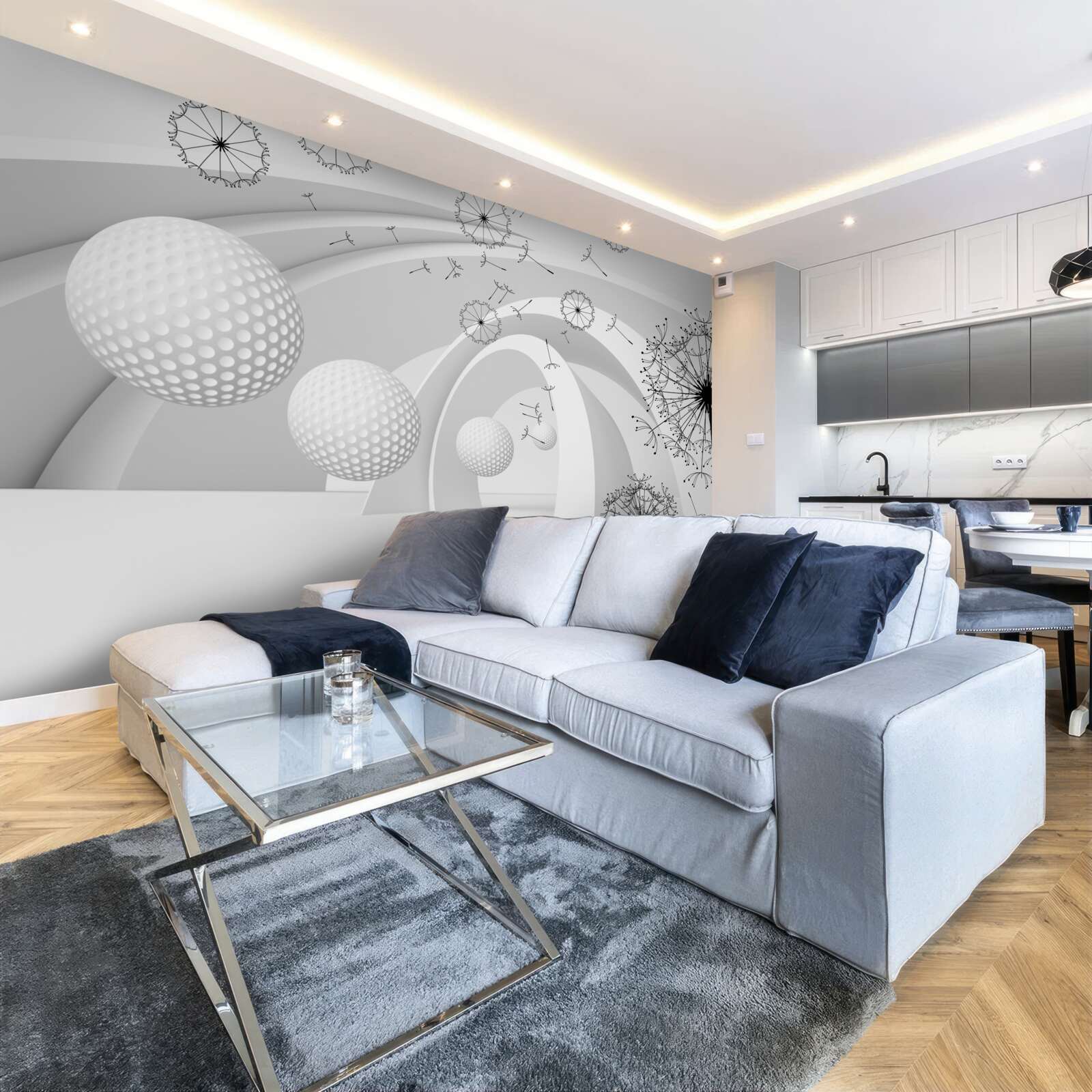 Fotobehang De bogen zijn sneeuwwit en versierd met paardenbloemen.