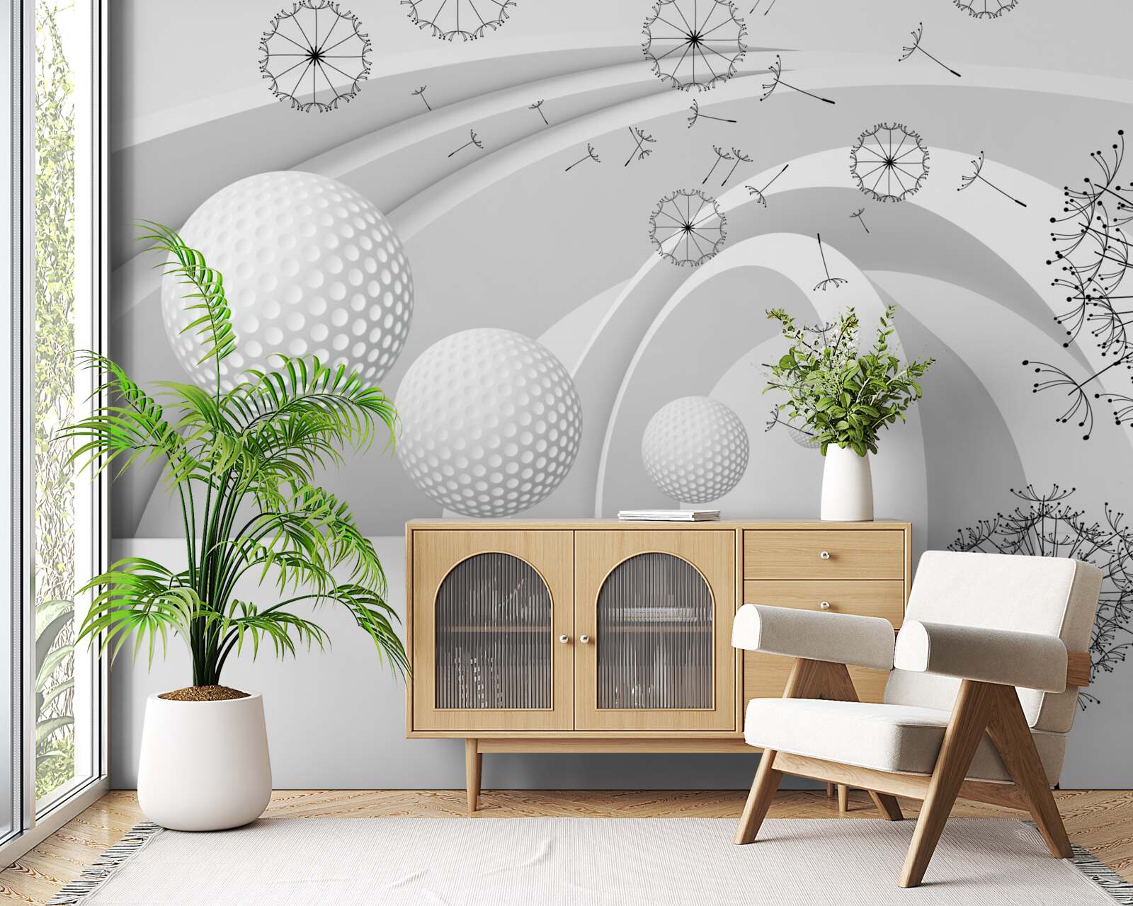 Fotobehang De bogen zijn sneeuwwit en versierd met paardenbloemen.