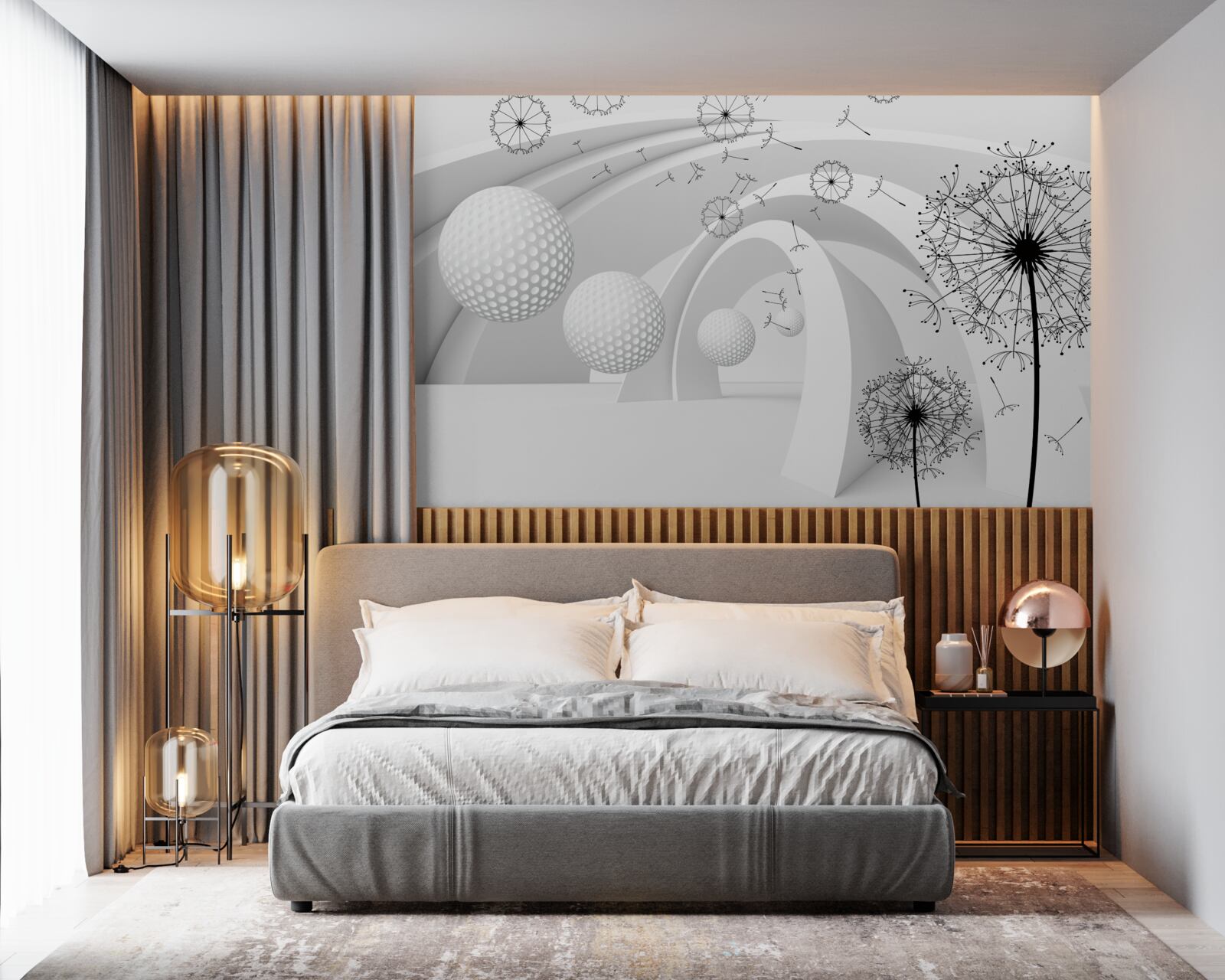 Fotobehang De bogen zijn sneeuwwit en versierd met paardenbloemen.