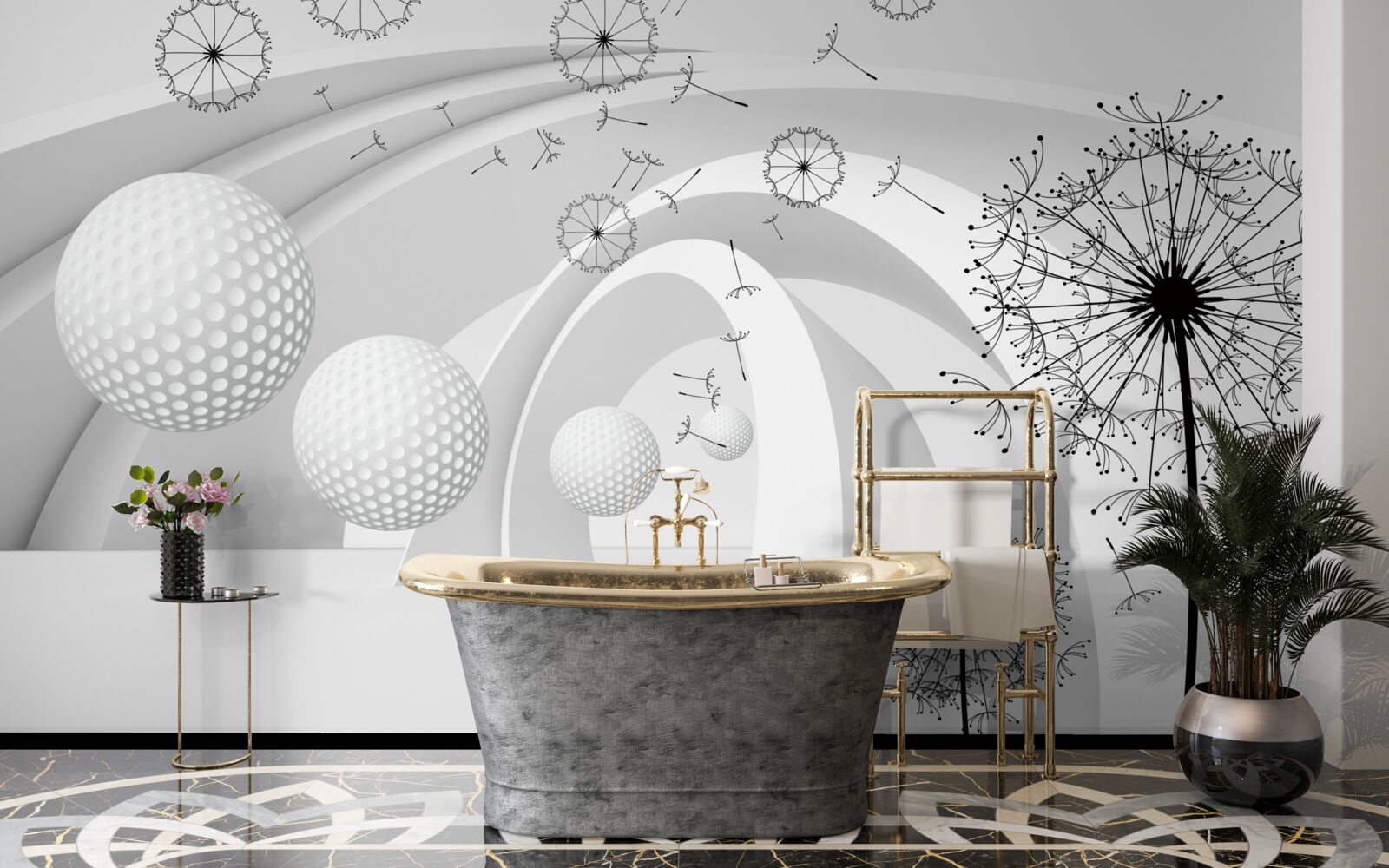 Fotobehang De bogen zijn sneeuwwit en versierd met paardenbloemen.