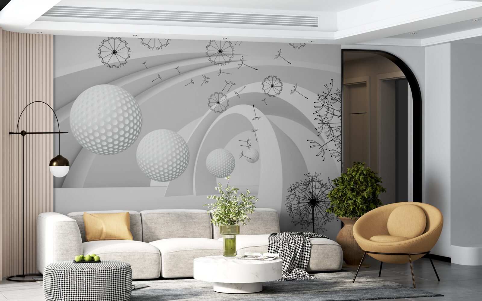 Fotobehang De bogen zijn sneeuwwit en versierd met paardenbloemen.