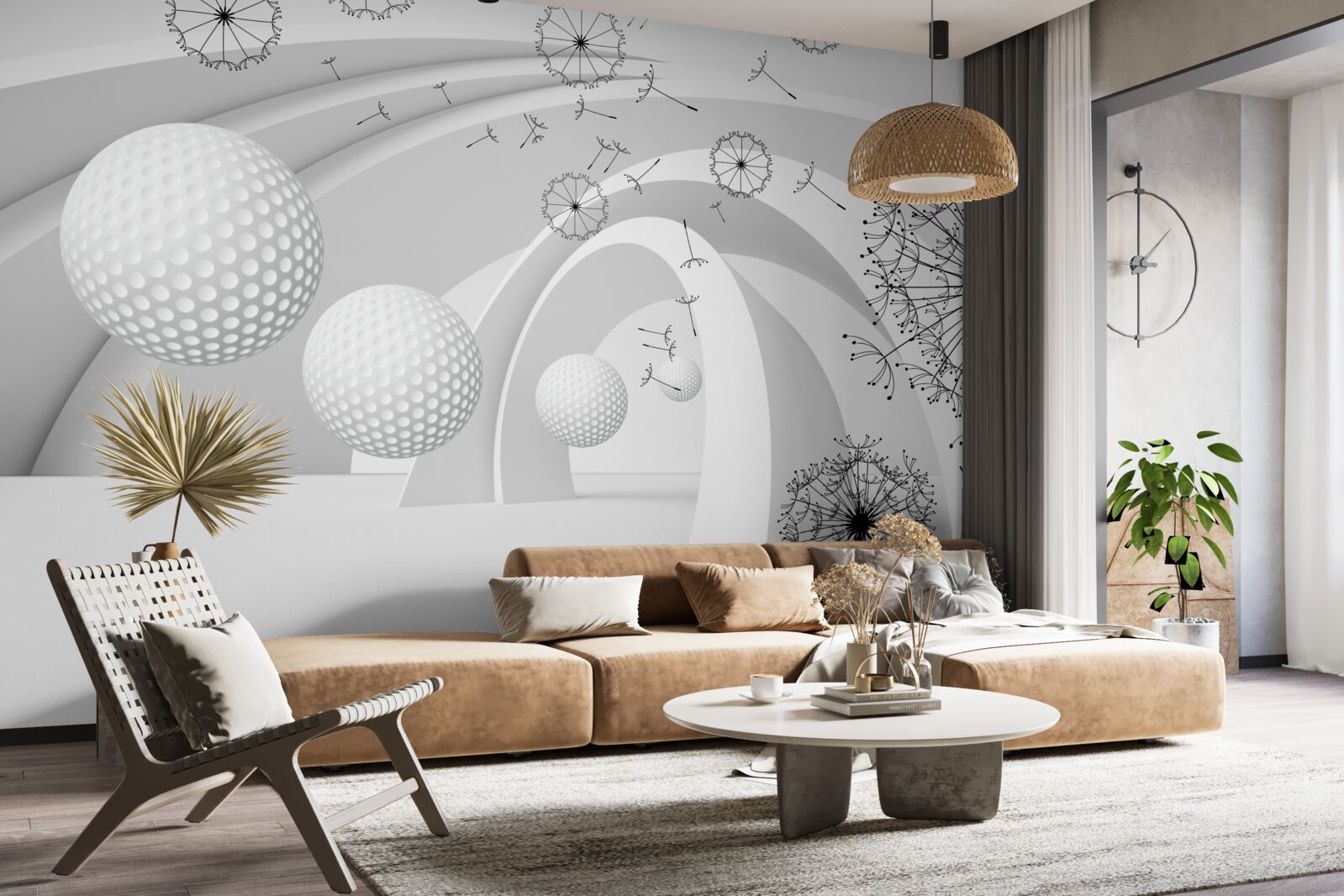 Fotobehang De bogen zijn sneeuwwit en versierd met paardenbloemen.