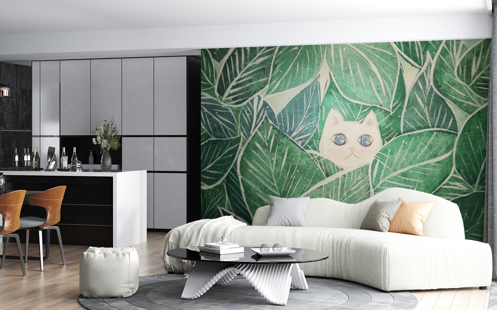 Fotobehang een kleine kat verdwaald tussen de groene bladeren