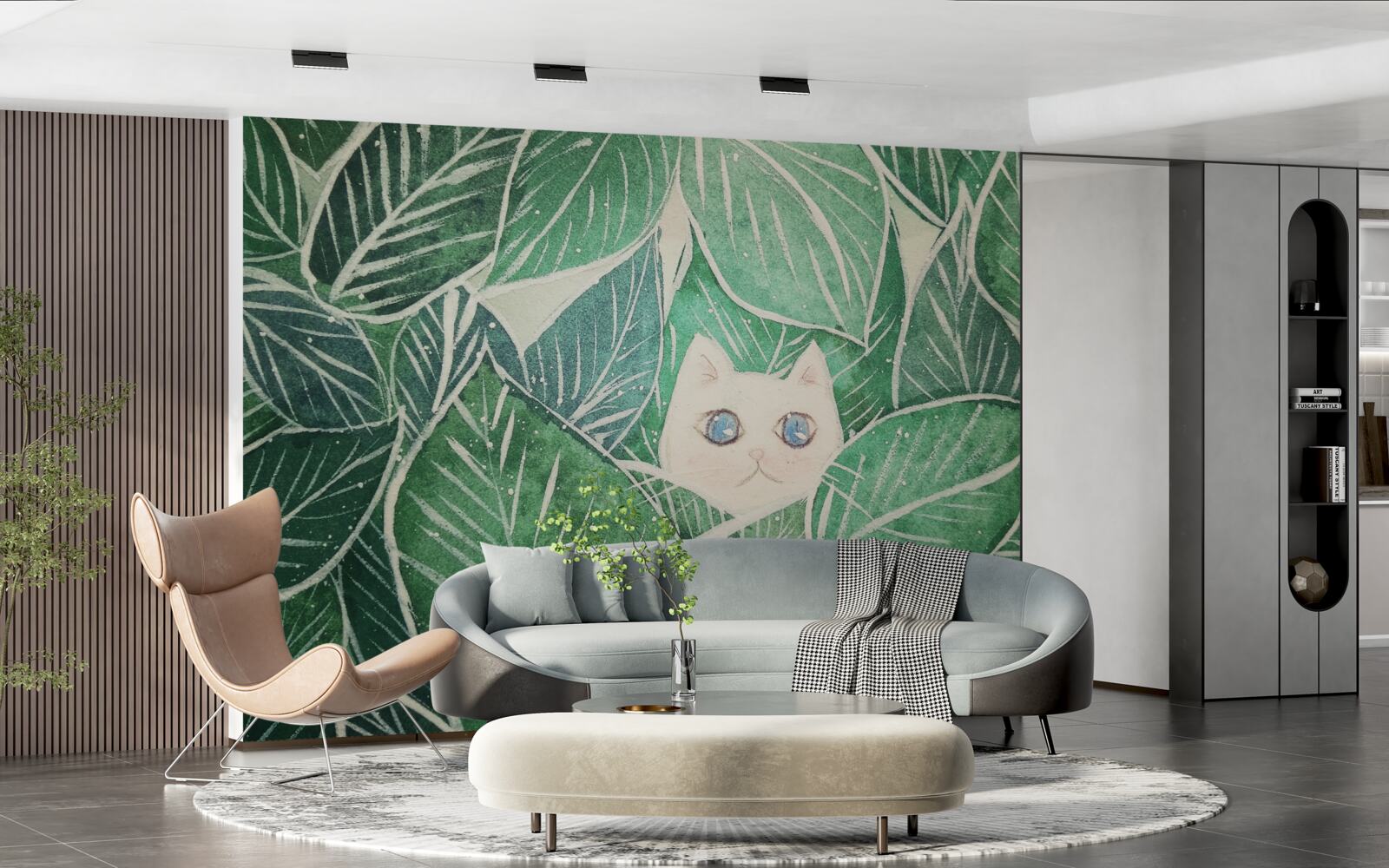 Fotobehang een kleine kat verdwaald tussen de groene bladeren