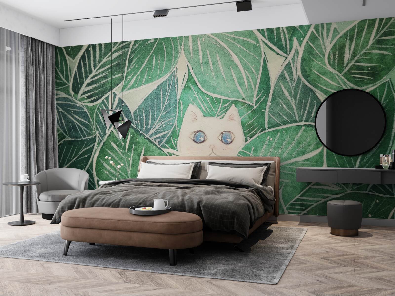 Fotobehang een kleine kat verdwaald tussen de groene bladeren