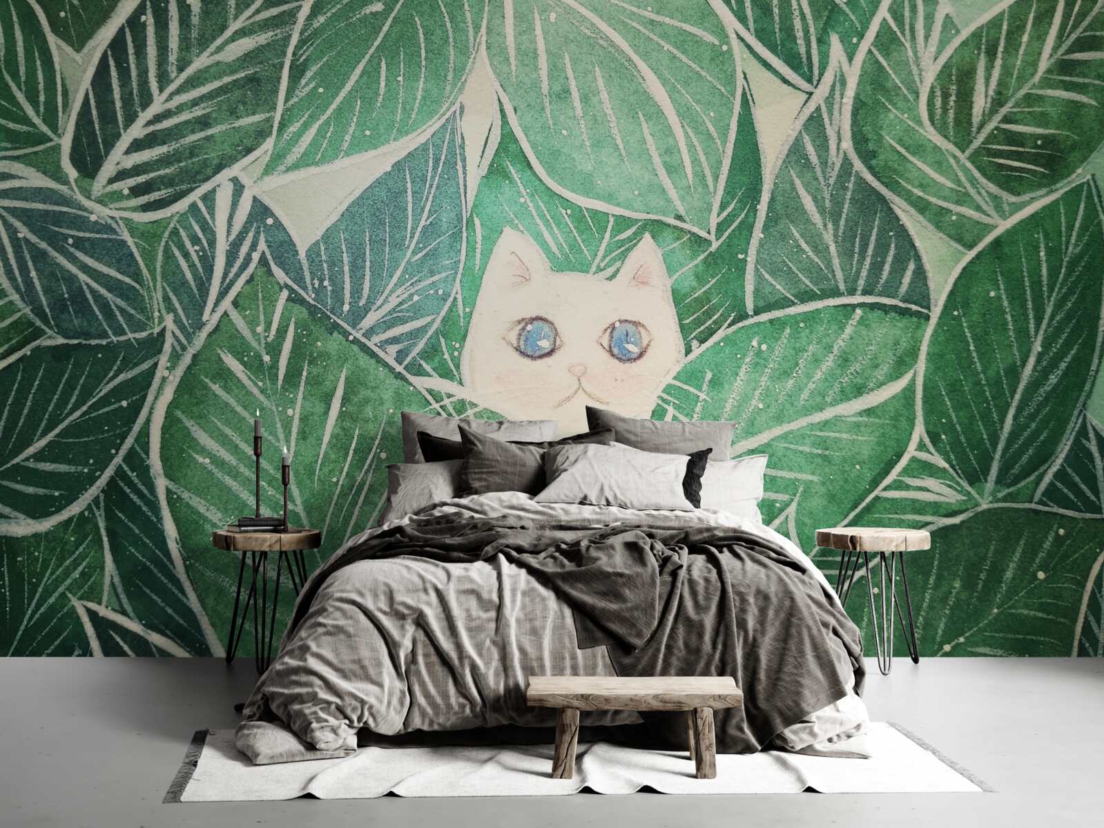 Fotobehang een kleine kat verdwaald tussen de groene bladeren