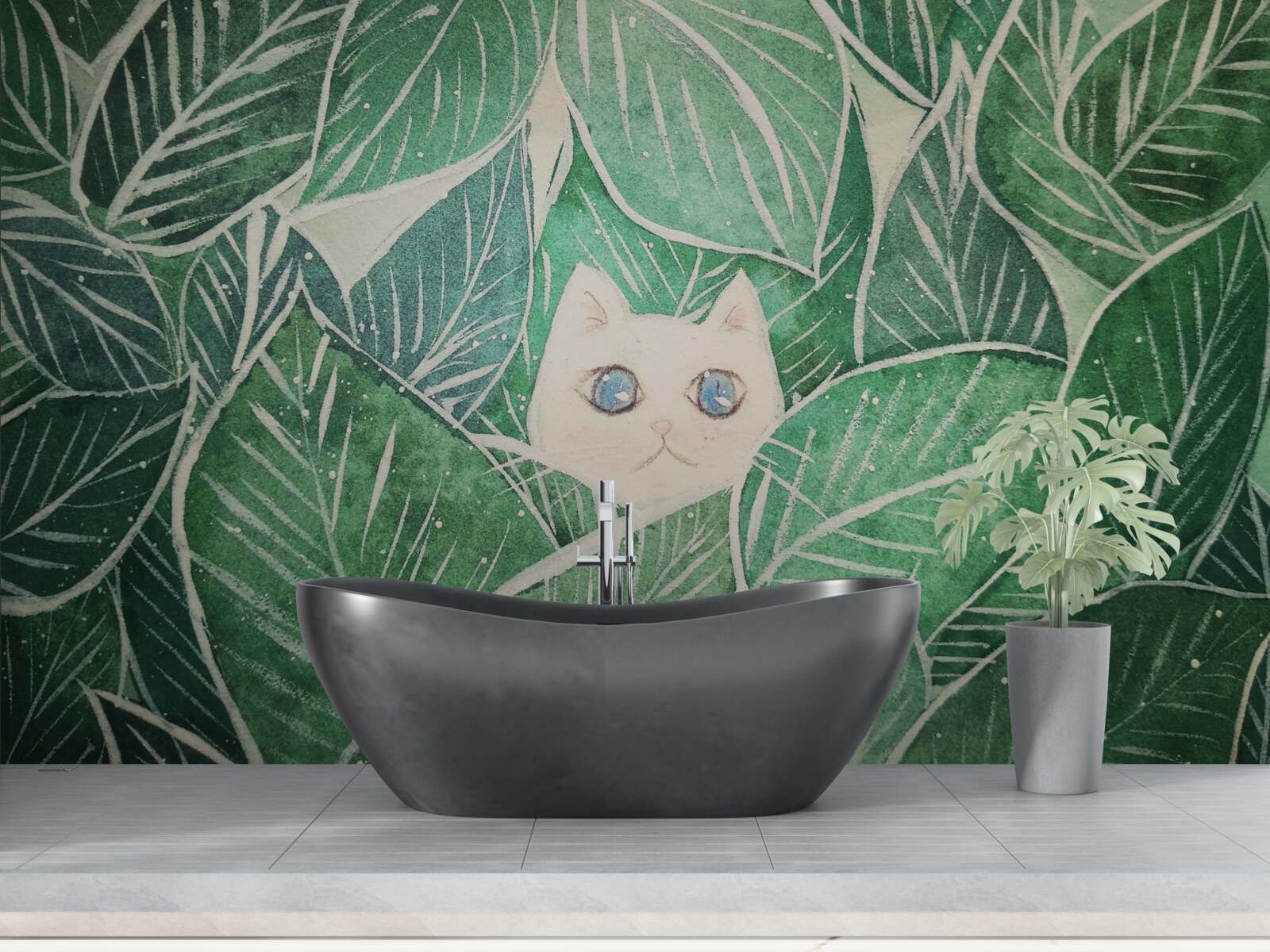 Fotobehang een kleine kat verdwaald tussen de groene bladeren