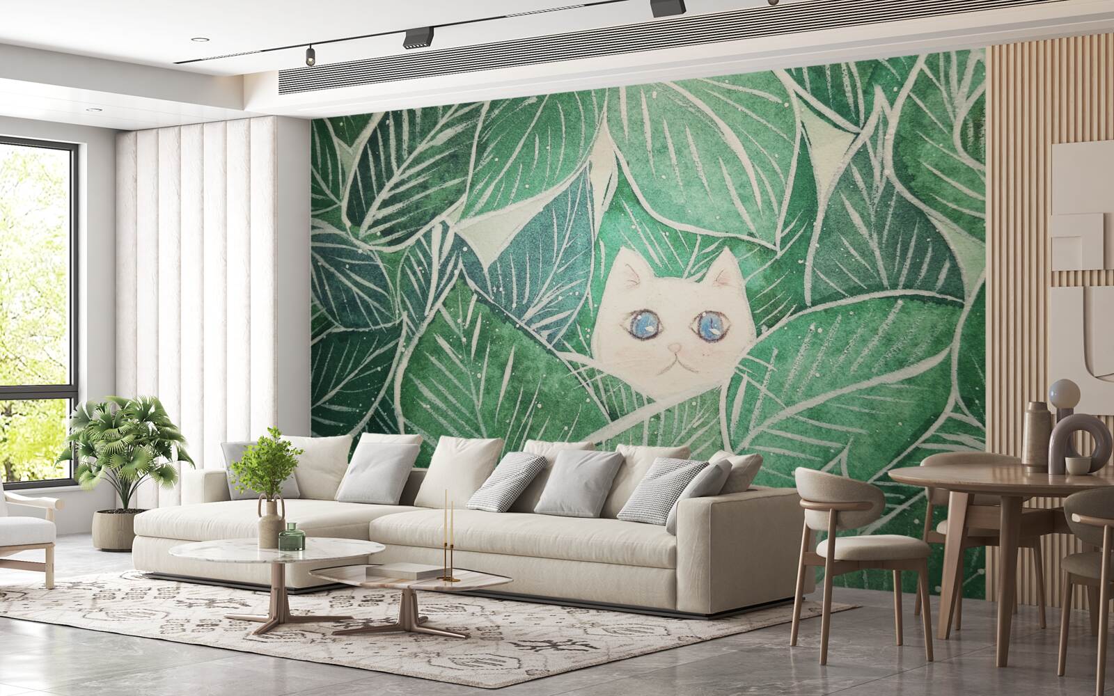 Fotobehang een kleine kat verdwaald tussen de groene bladeren