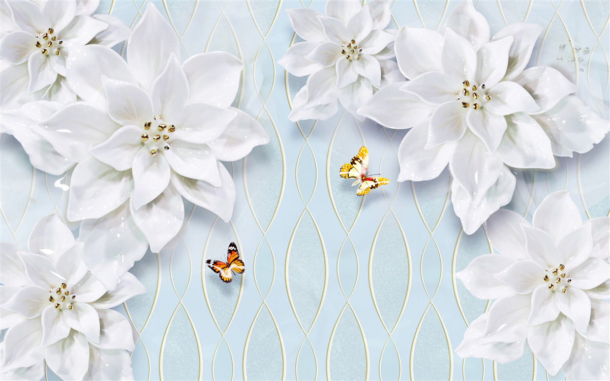 Fotobehang Sneeuwwitte knoppen en vlinders