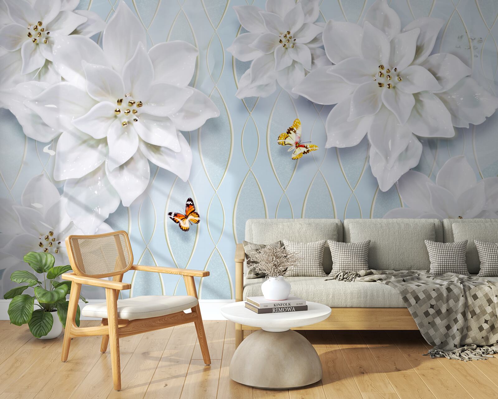 Fotobehang Sneeuwwitte knoppen en vlinders