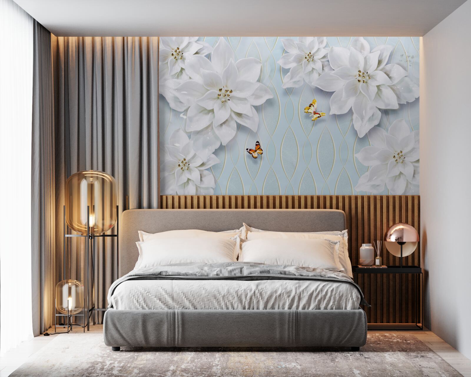 Fotobehang Sneeuwwitte knoppen en vlinders