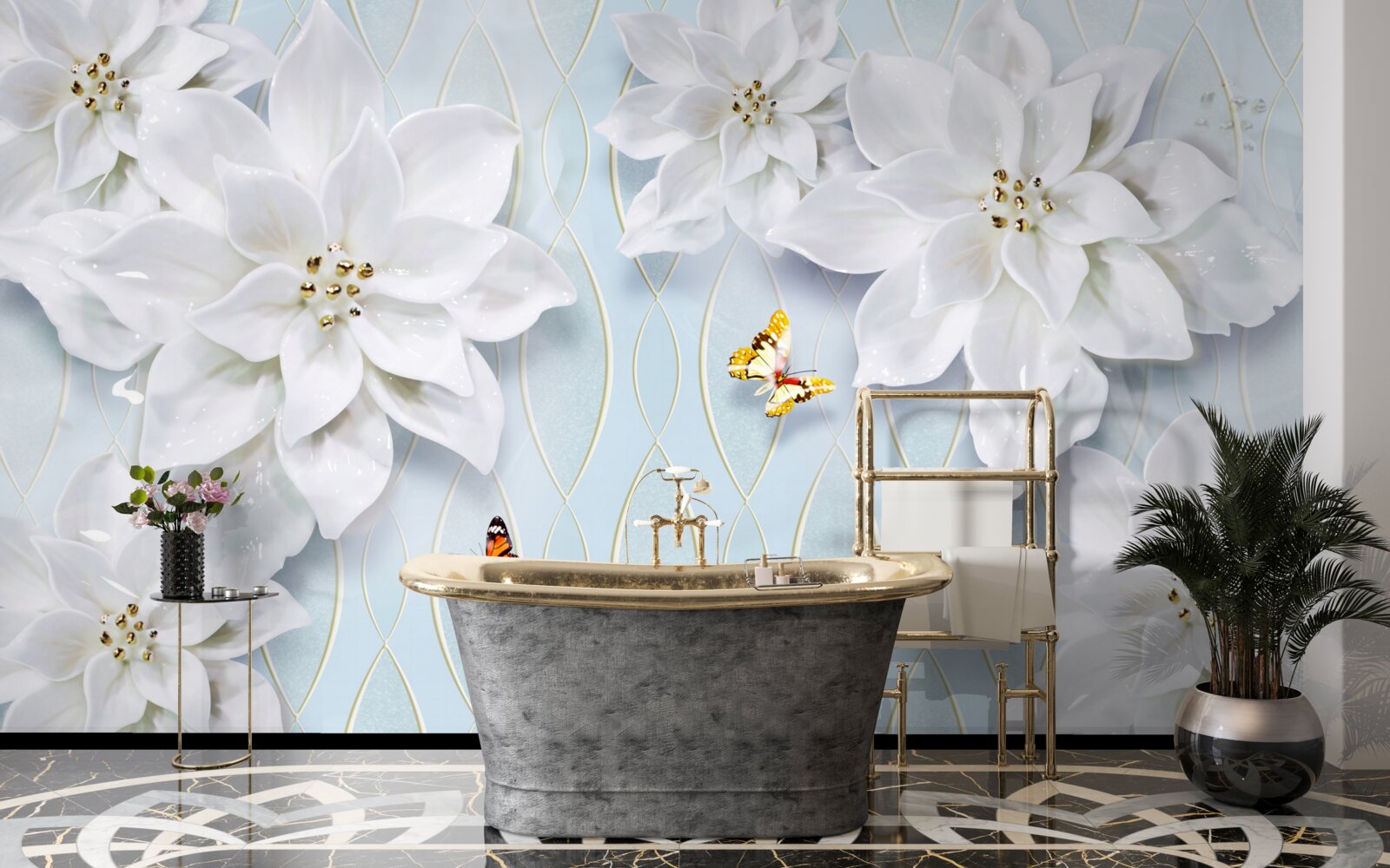 Fotobehang Sneeuwwitte knoppen en vlinders