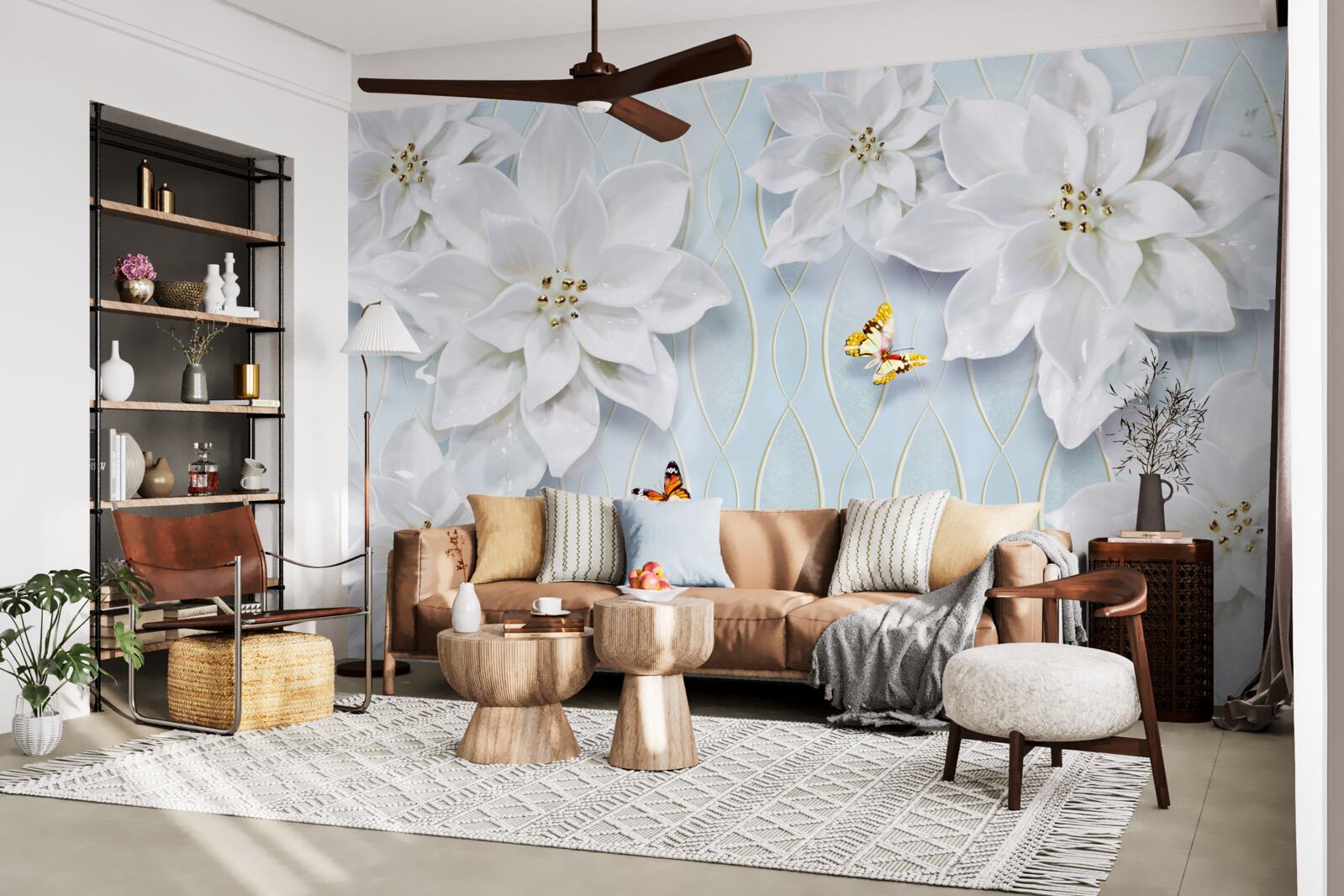 Fotobehang Sneeuwwitte knoppen en vlinders