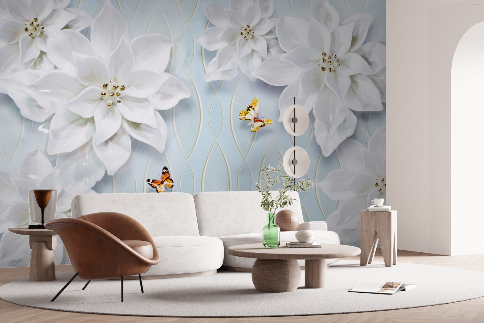 Fotobehang Sneeuwwitte knoppen en vlinders