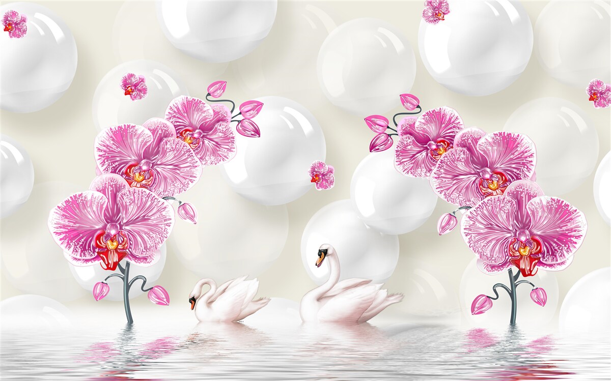 Fotobehang lila magnolia en zwanen zwemmend op het meer