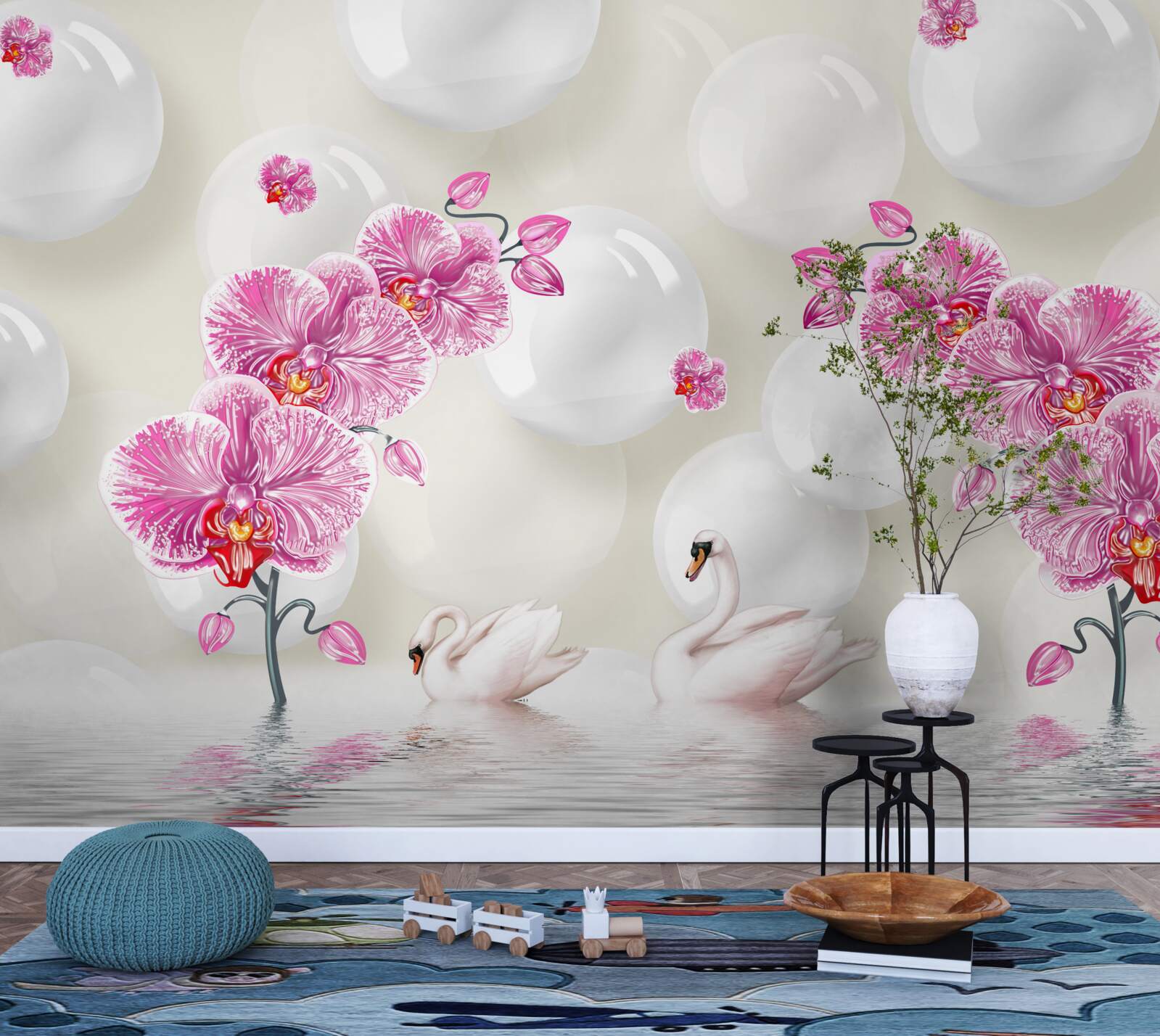 Fotobehang lila magnolia en zwanen zwemmend op het meer