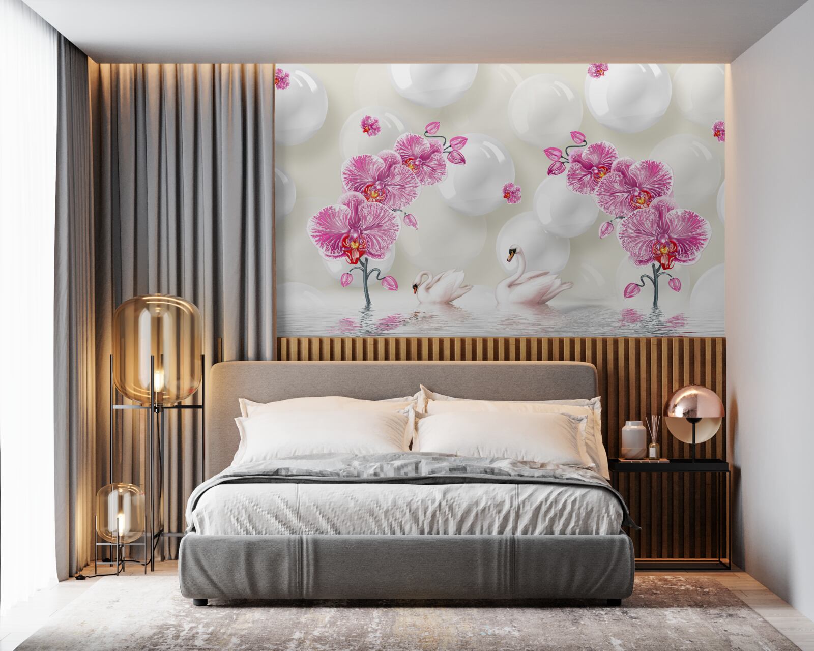 Fotobehang lila magnolia en zwanen zwemmend op het meer