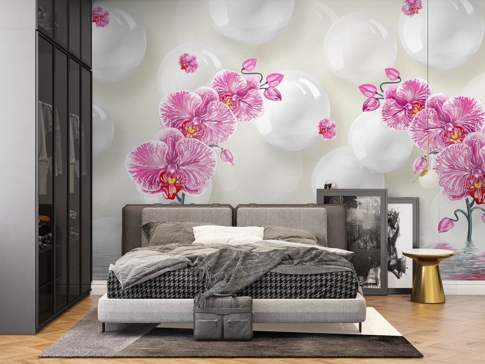 Fotobehang lila magnolia en zwanen zwemmend op het meer