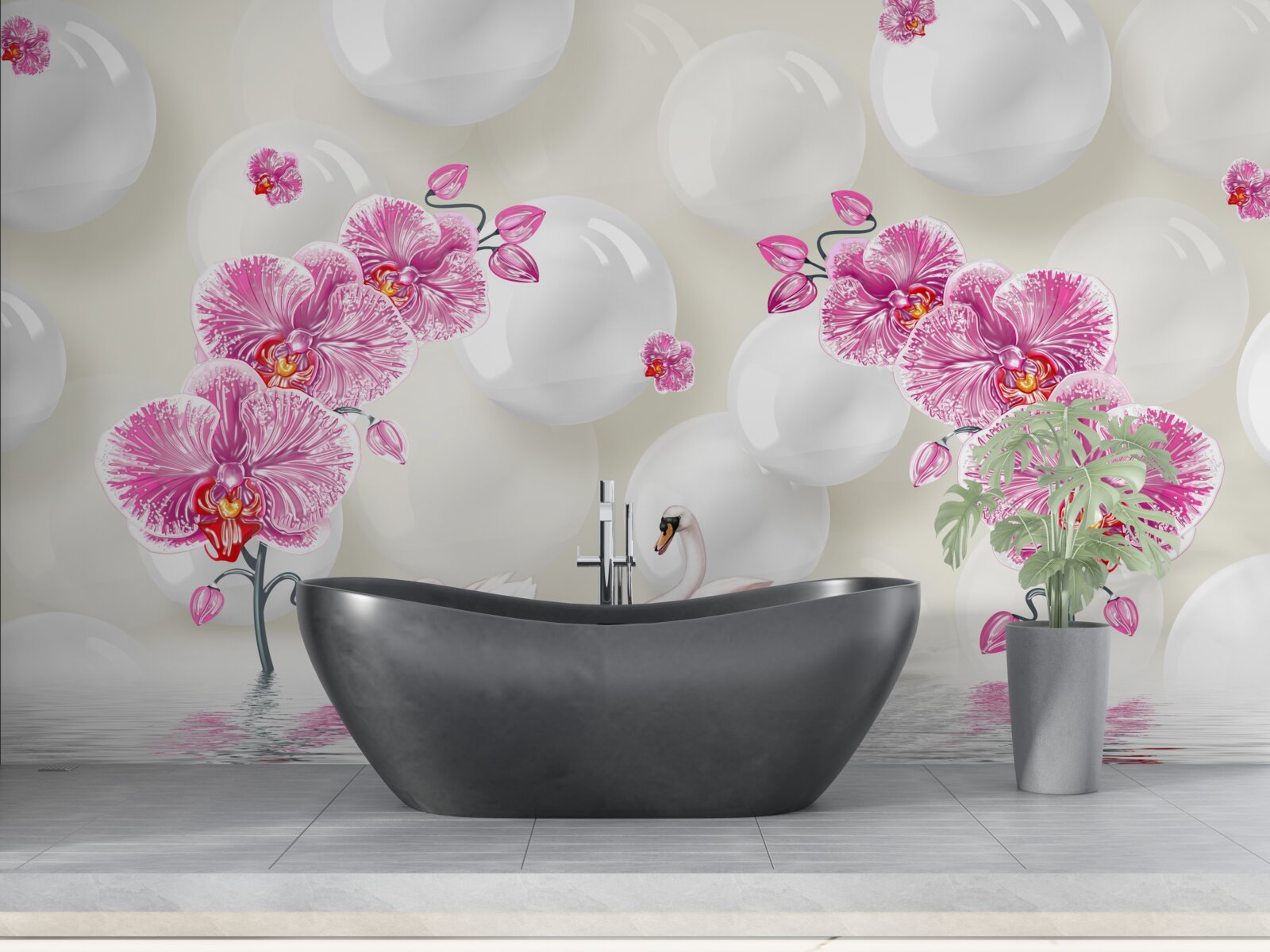 Fotobehang lila magnolia en zwanen zwemmend op het meer