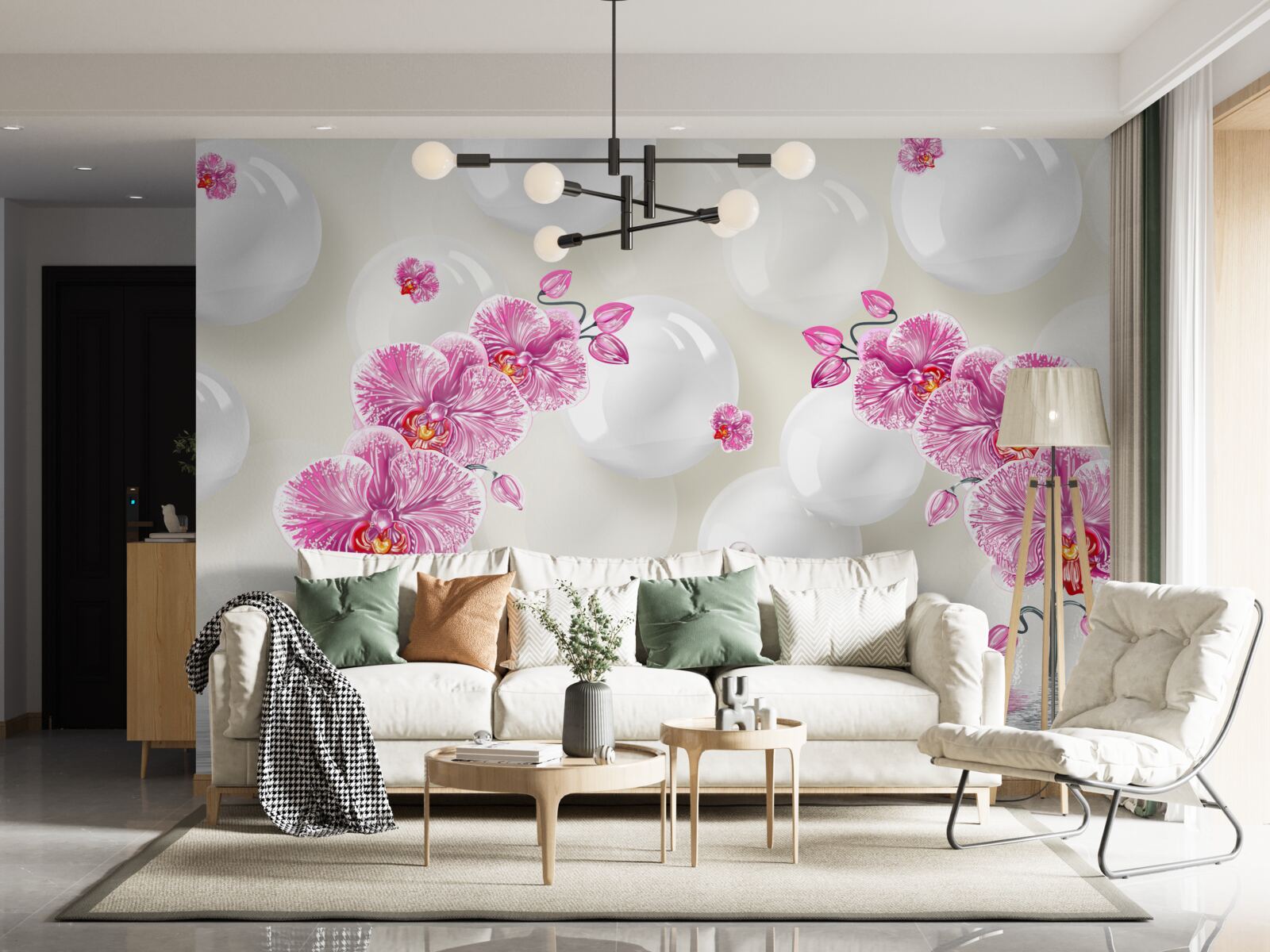 Fotobehang lila magnolia en zwanen zwemmend op het meer