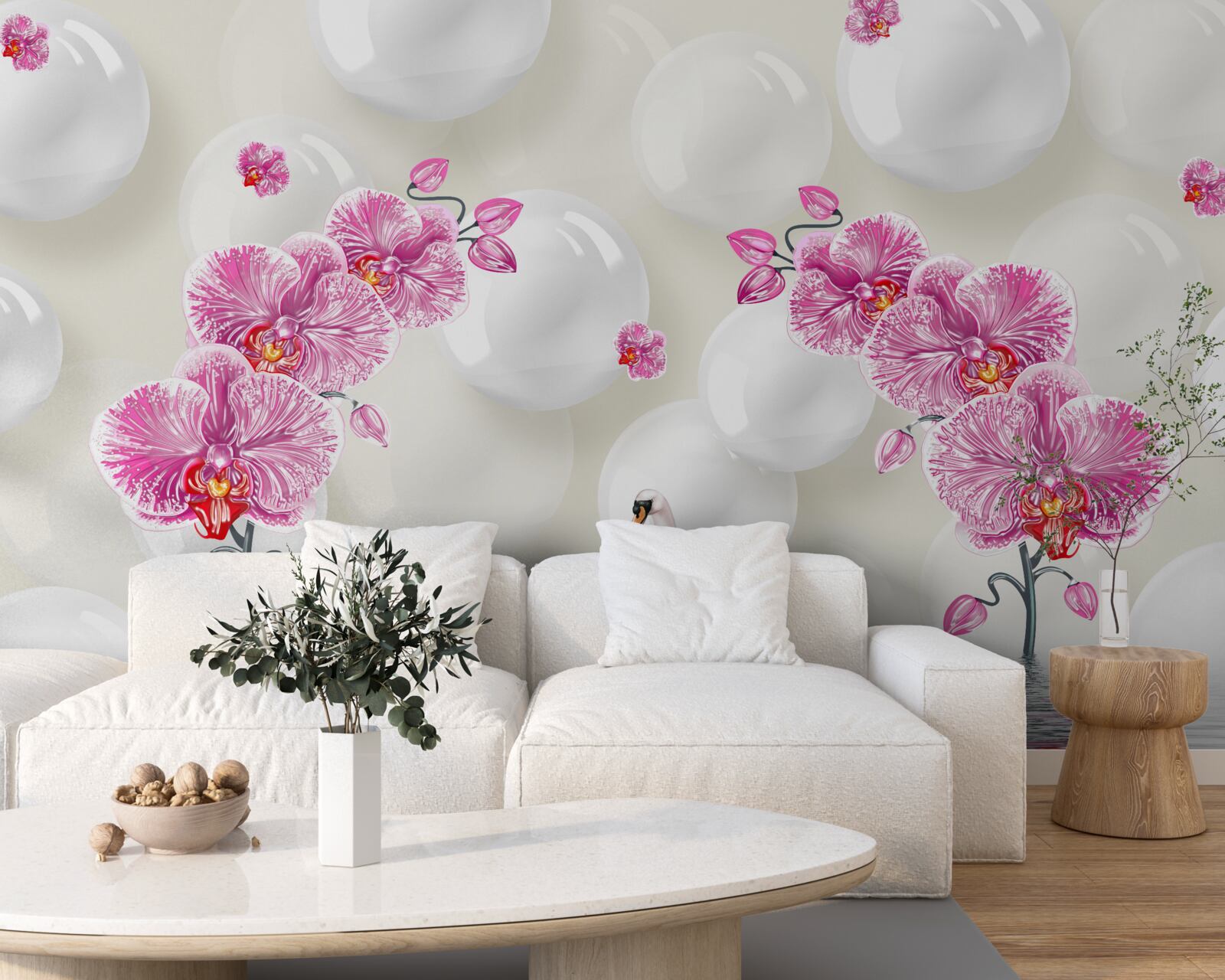 Fotobehang lila magnolia en zwanen zwemmend op het meer