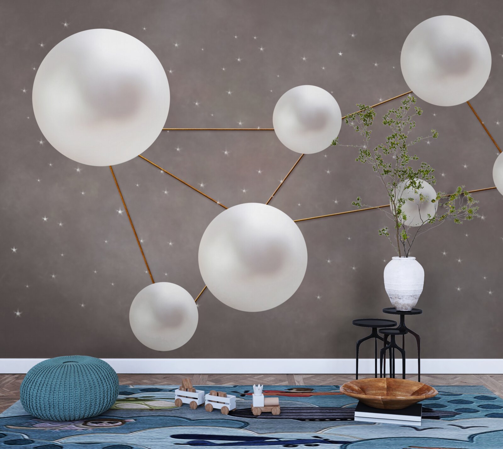 Fotobehang witte ballen versierd met gouden lijnen liggen verspreid op een grijze achtergrond