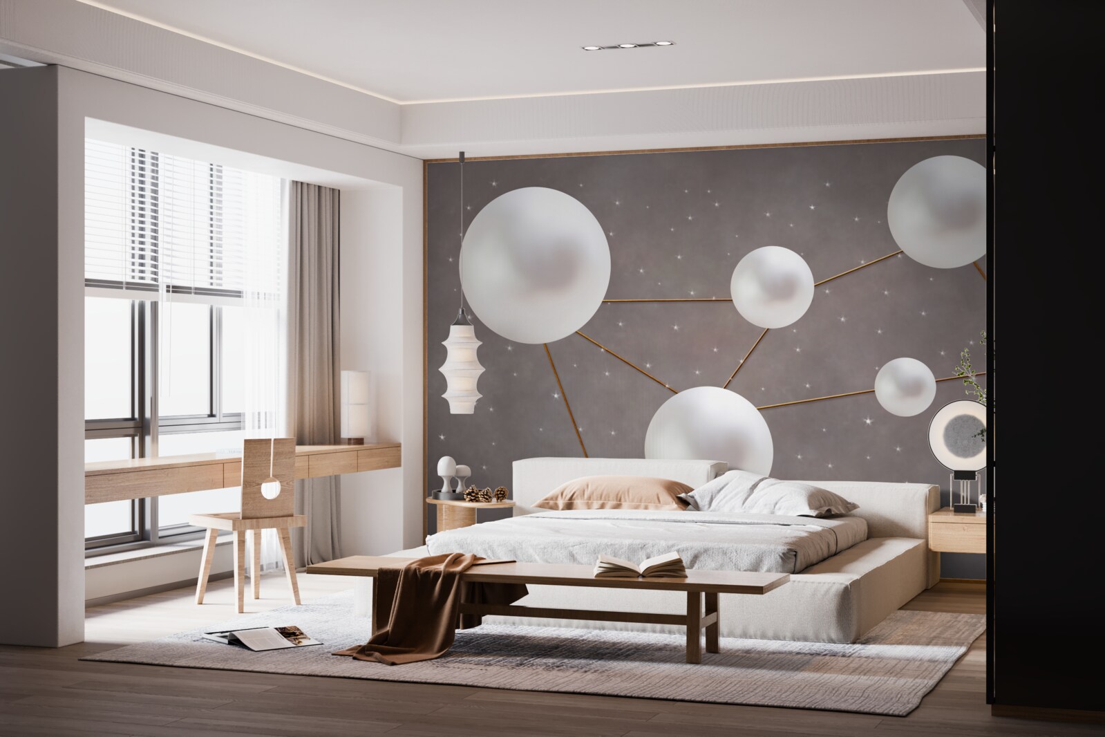 Fotobehang witte ballen versierd met gouden lijnen liggen verspreid op een grijze achtergrond