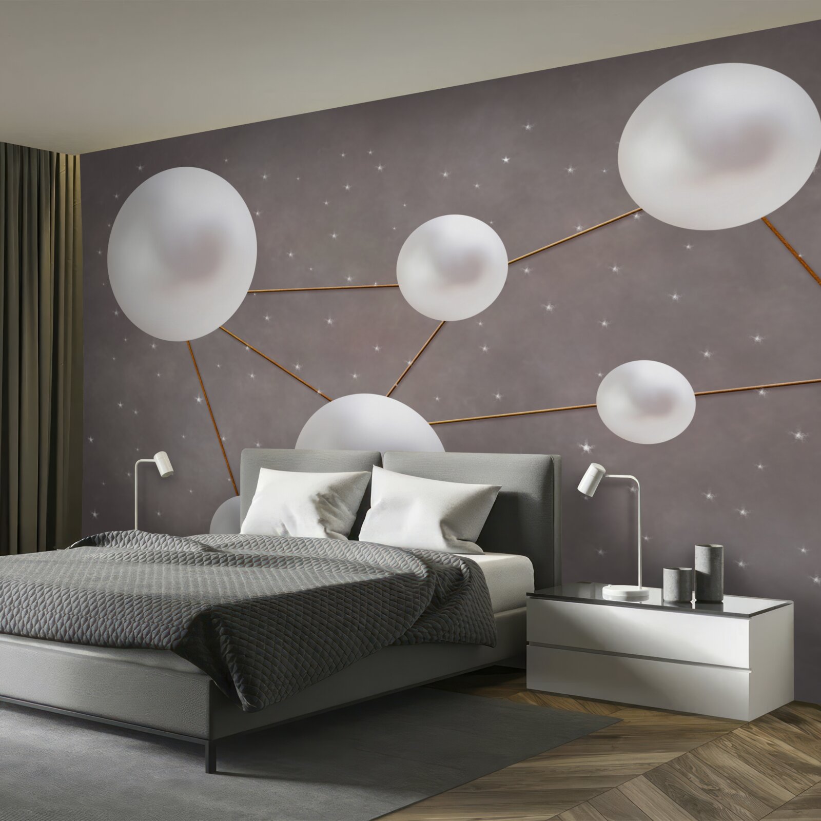 Fotobehang witte ballen versierd met gouden lijnen liggen verspreid op een grijze achtergrond