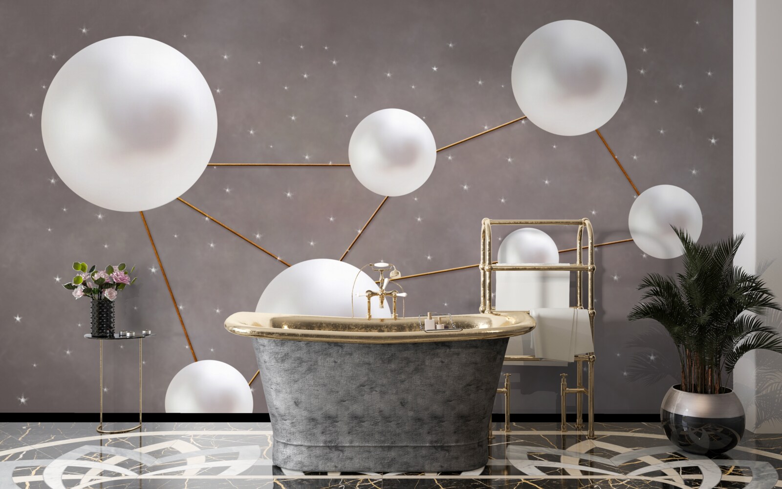 Fotobehang witte ballen versierd met gouden lijnen liggen verspreid op een grijze achtergrond