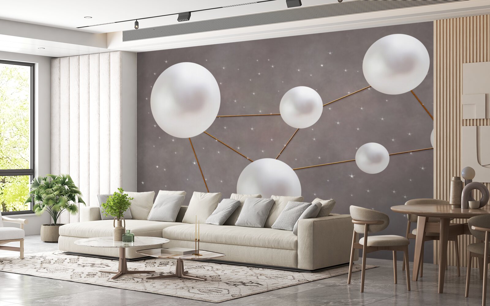 Fotobehang witte ballen versierd met gouden lijnen liggen verspreid op een grijze achtergrond