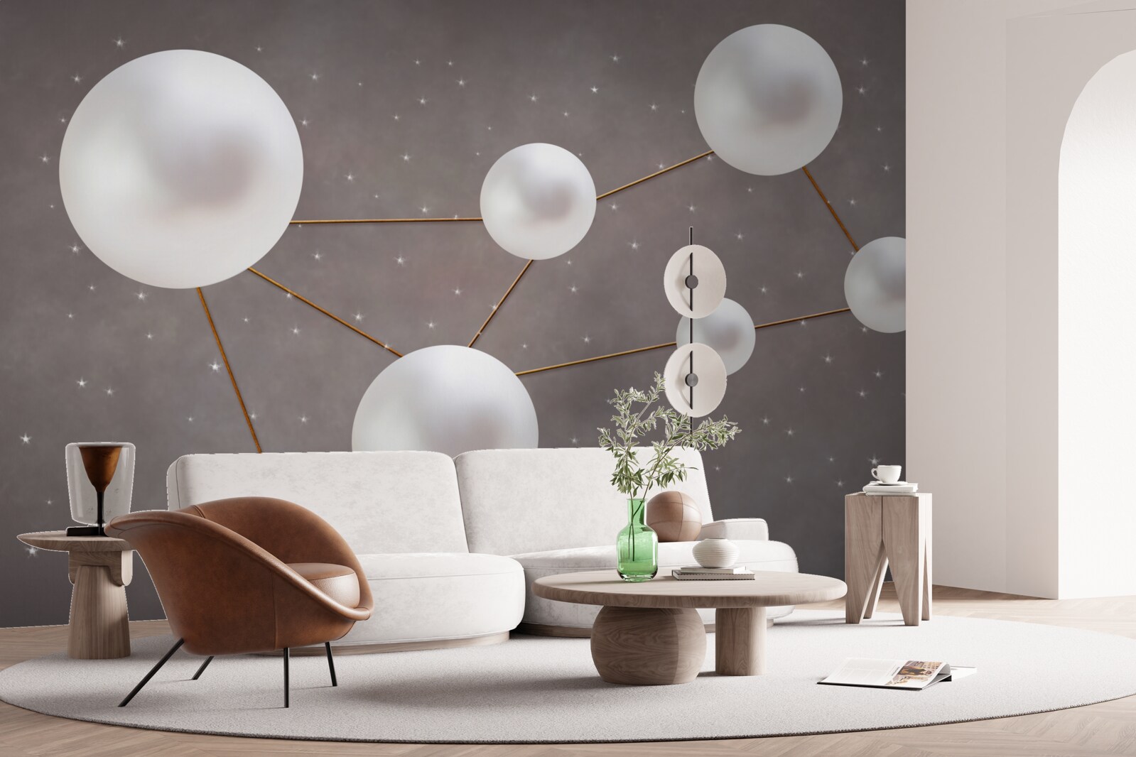 Fotobehang witte ballen versierd met gouden lijnen liggen verspreid op een grijze achtergrond