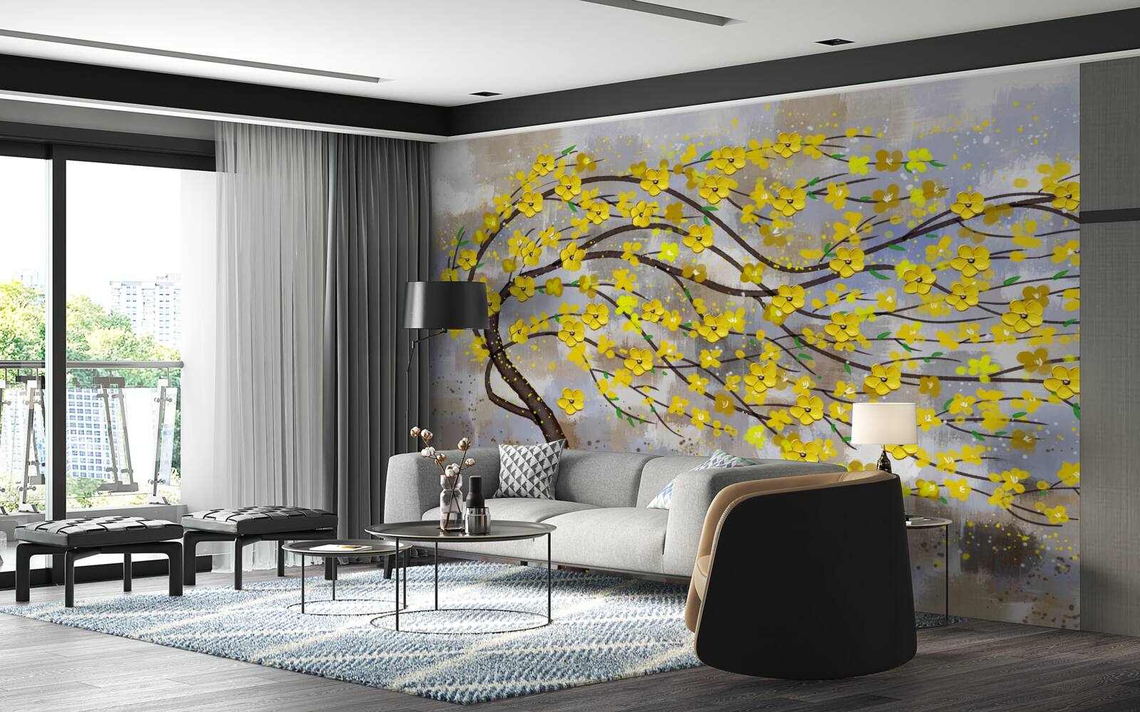 Fotobehang een herfstboom wiegt in de windvlagen