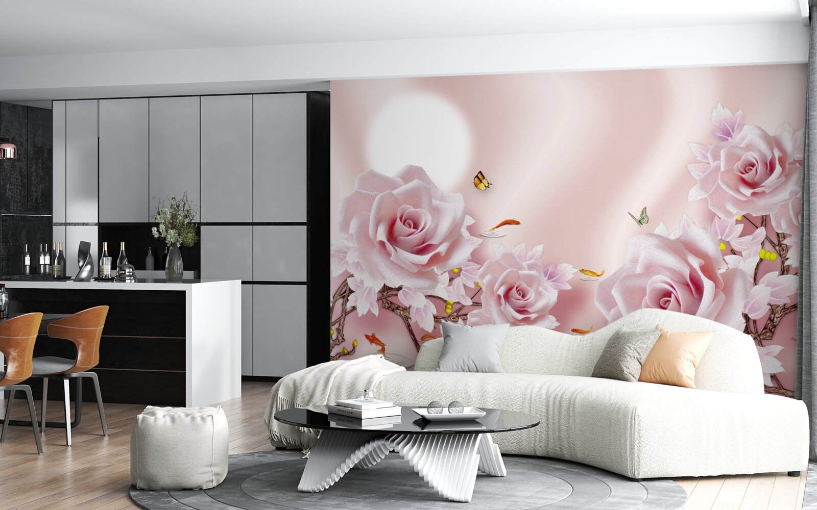 Fotobehang set van roze knoppen op een zijdeachtige roze achtergrond