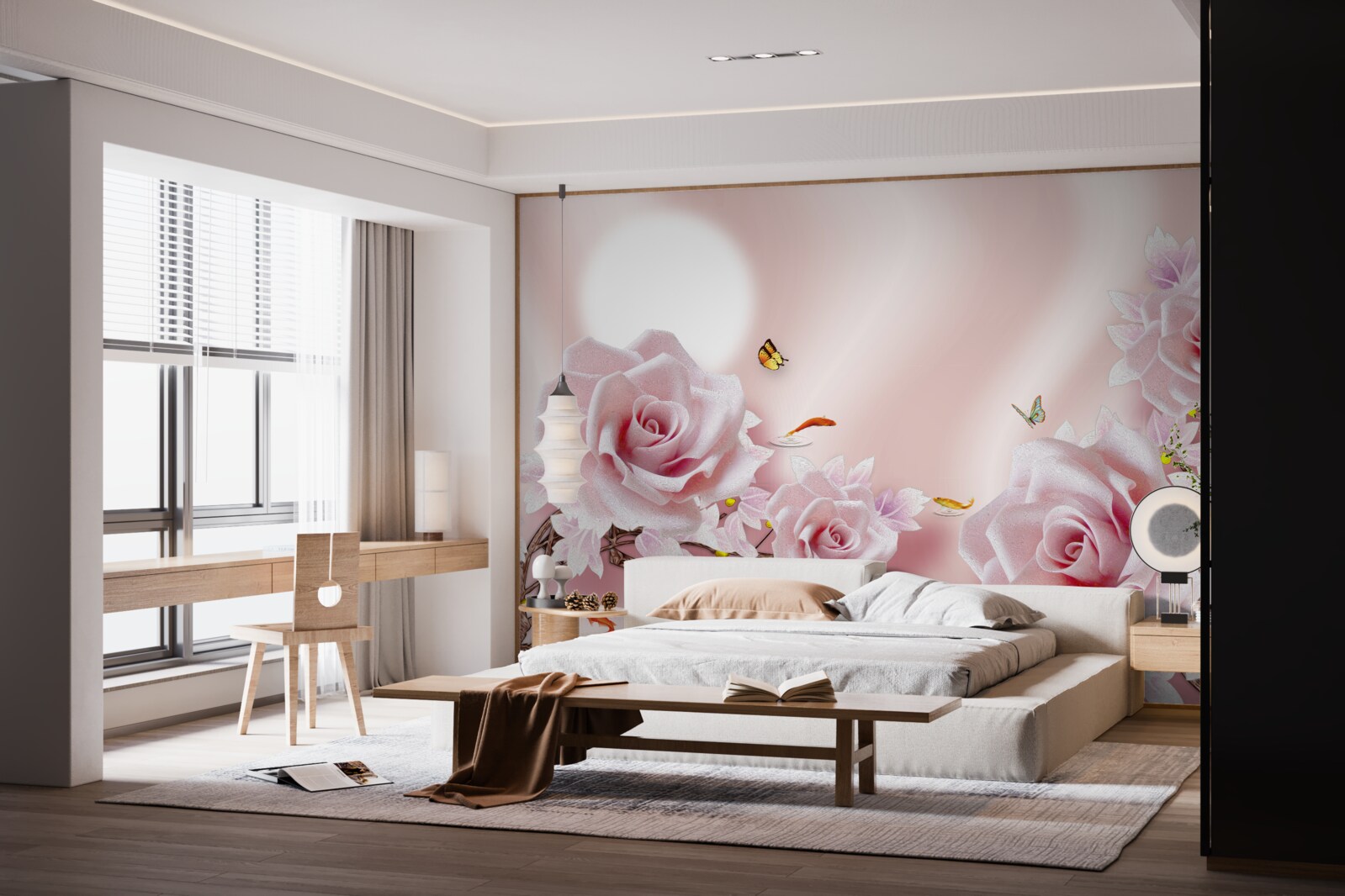 Fotobehang set van roze knoppen op een zijdeachtige roze achtergrond