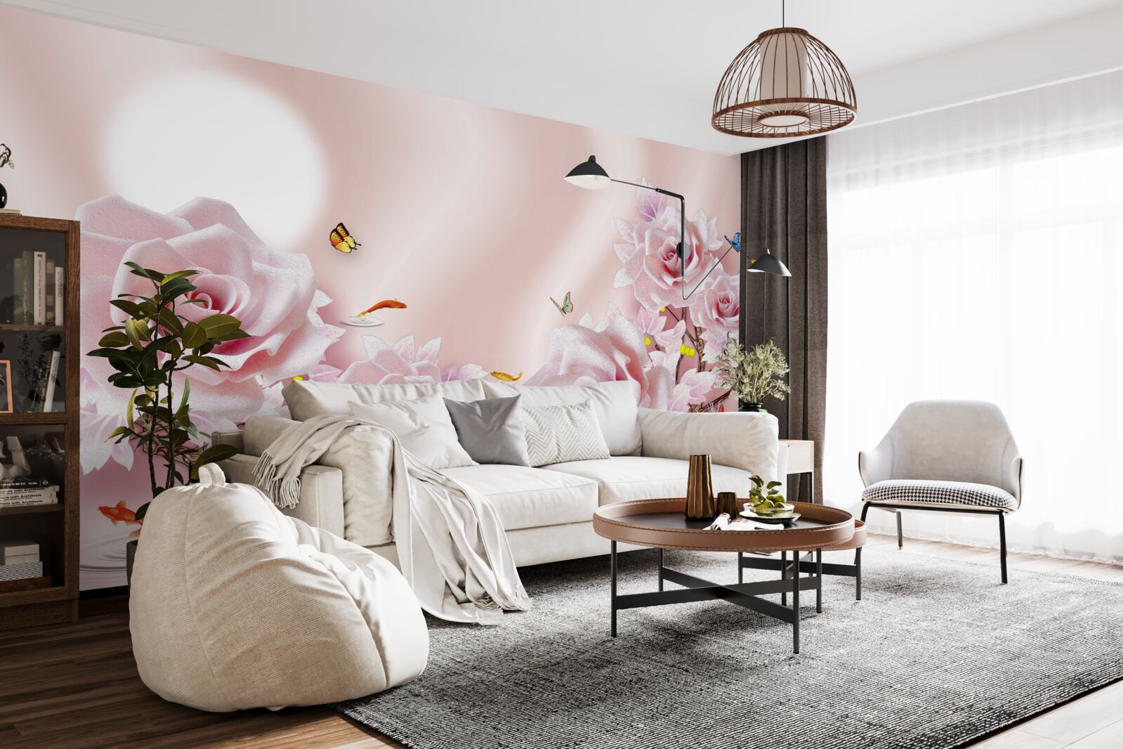 Fotobehang set van roze knoppen op een zijdeachtige roze achtergrond