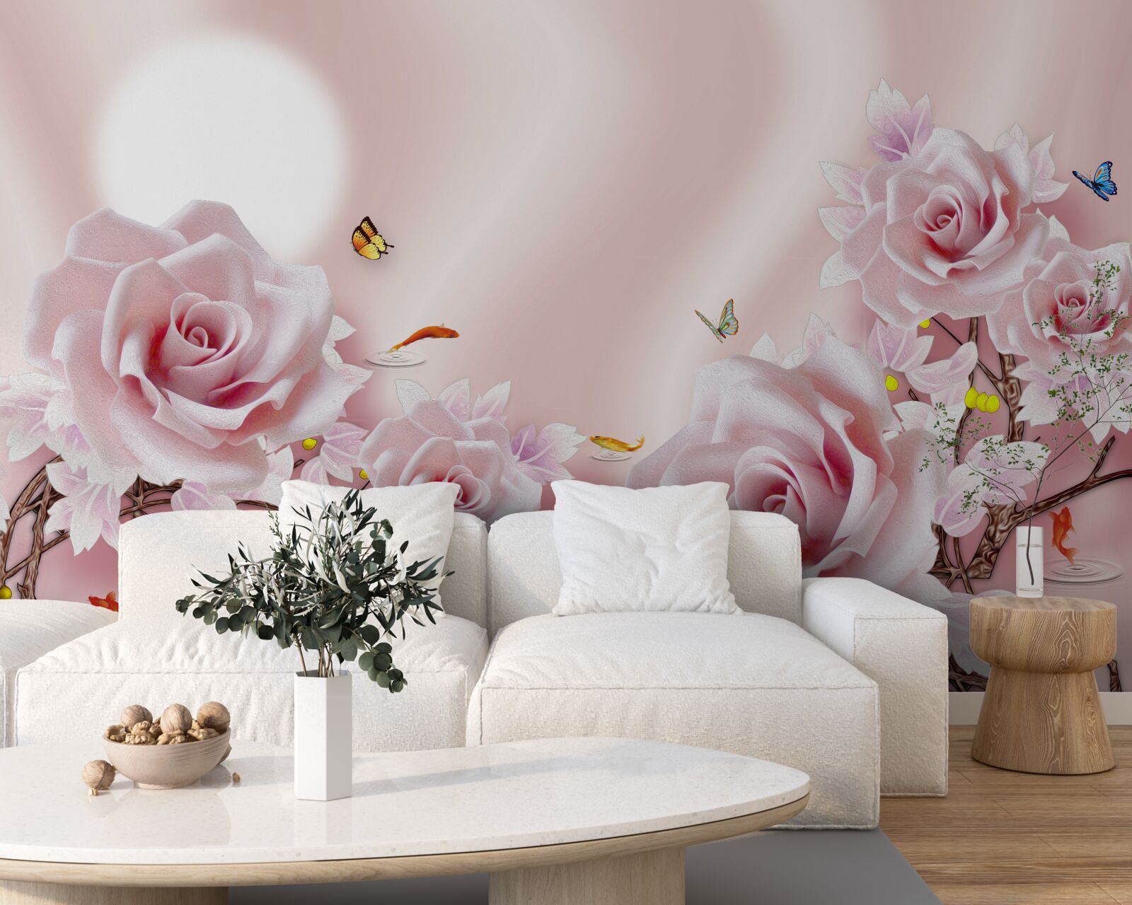 Fotobehang set van roze knoppen op een zijdeachtige roze achtergrond