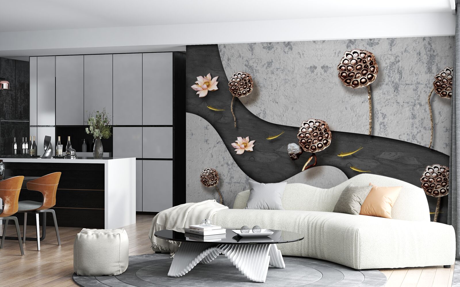 Fotobehang abstract pad bezaaid met bloemen in een veld