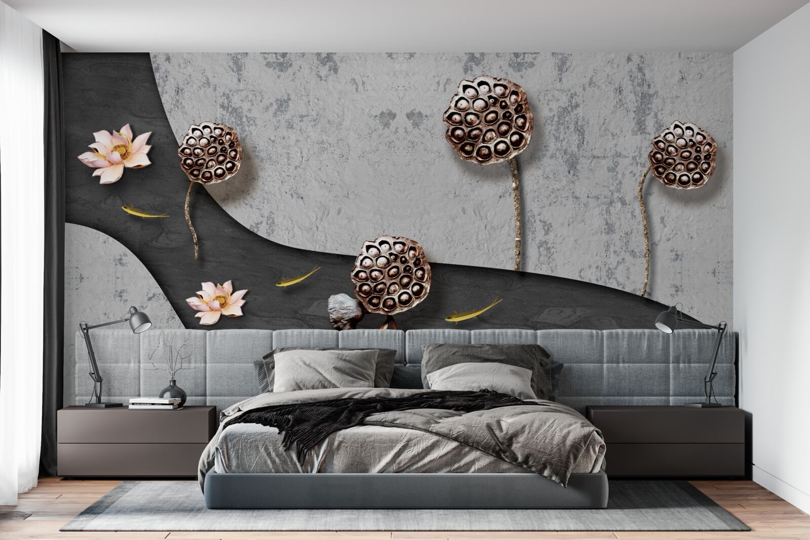 Fotobehang abstract pad bezaaid met bloemen in een veld