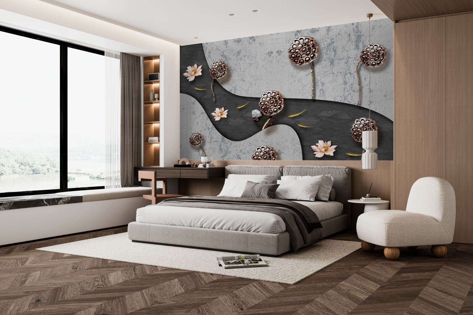 Fotobehang abstract pad bezaaid met bloemen in een veld