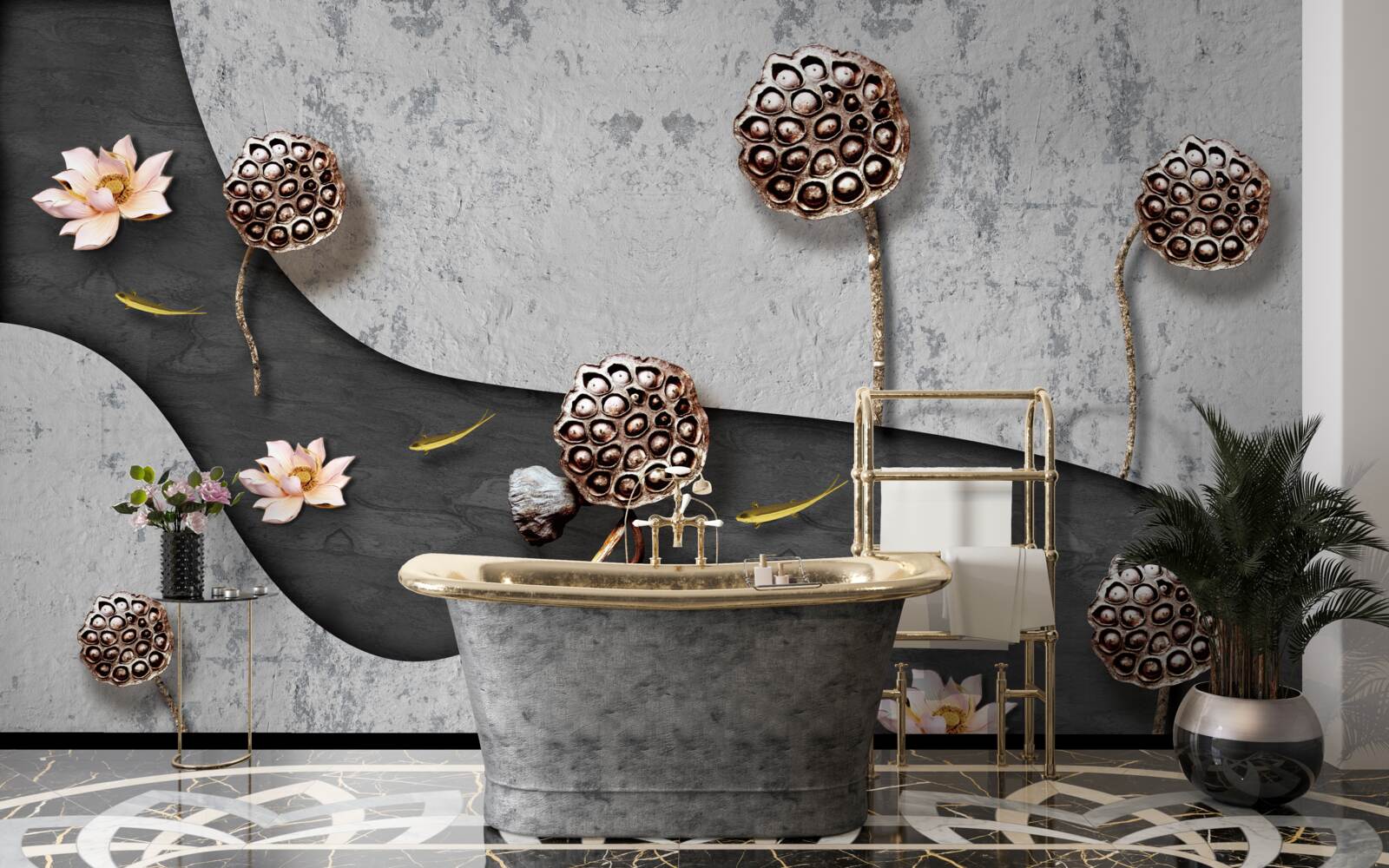 Fotobehang abstract pad bezaaid met bloemen in een veld