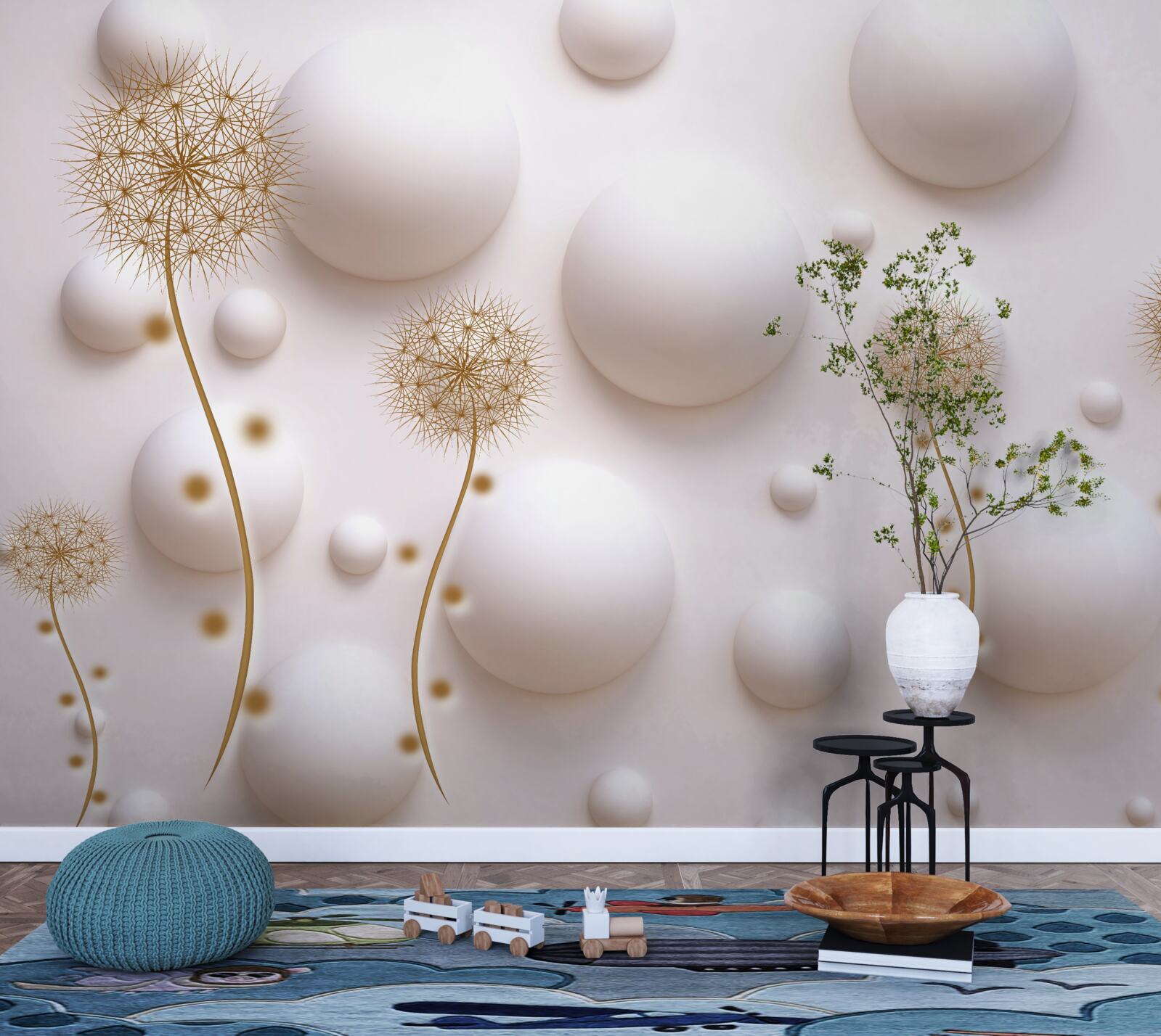 Fotobehang Sneeuwwitte ronde parels en gouden milleons