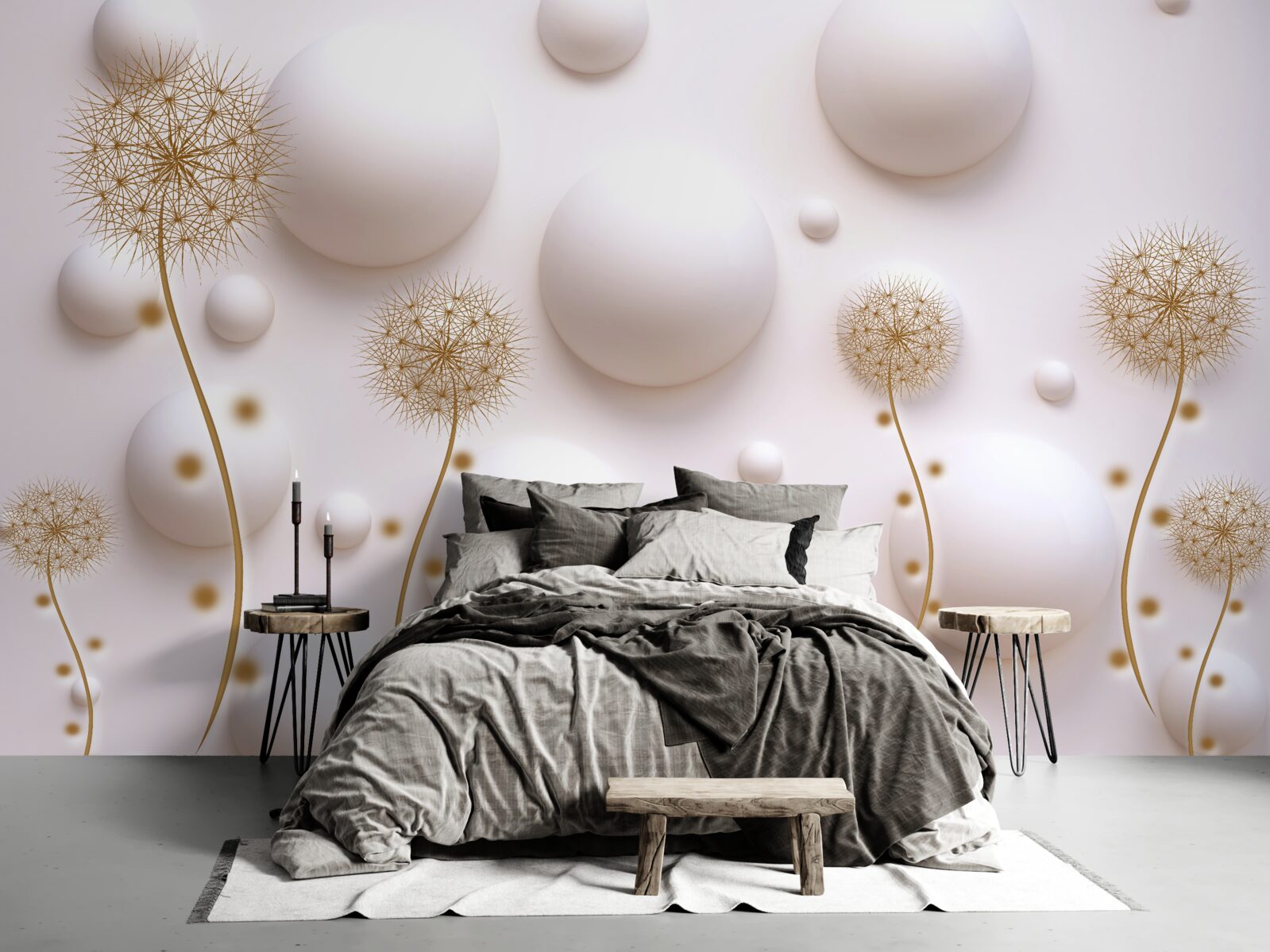 Fotobehang Sneeuwwitte ronde parels en gouden milleons