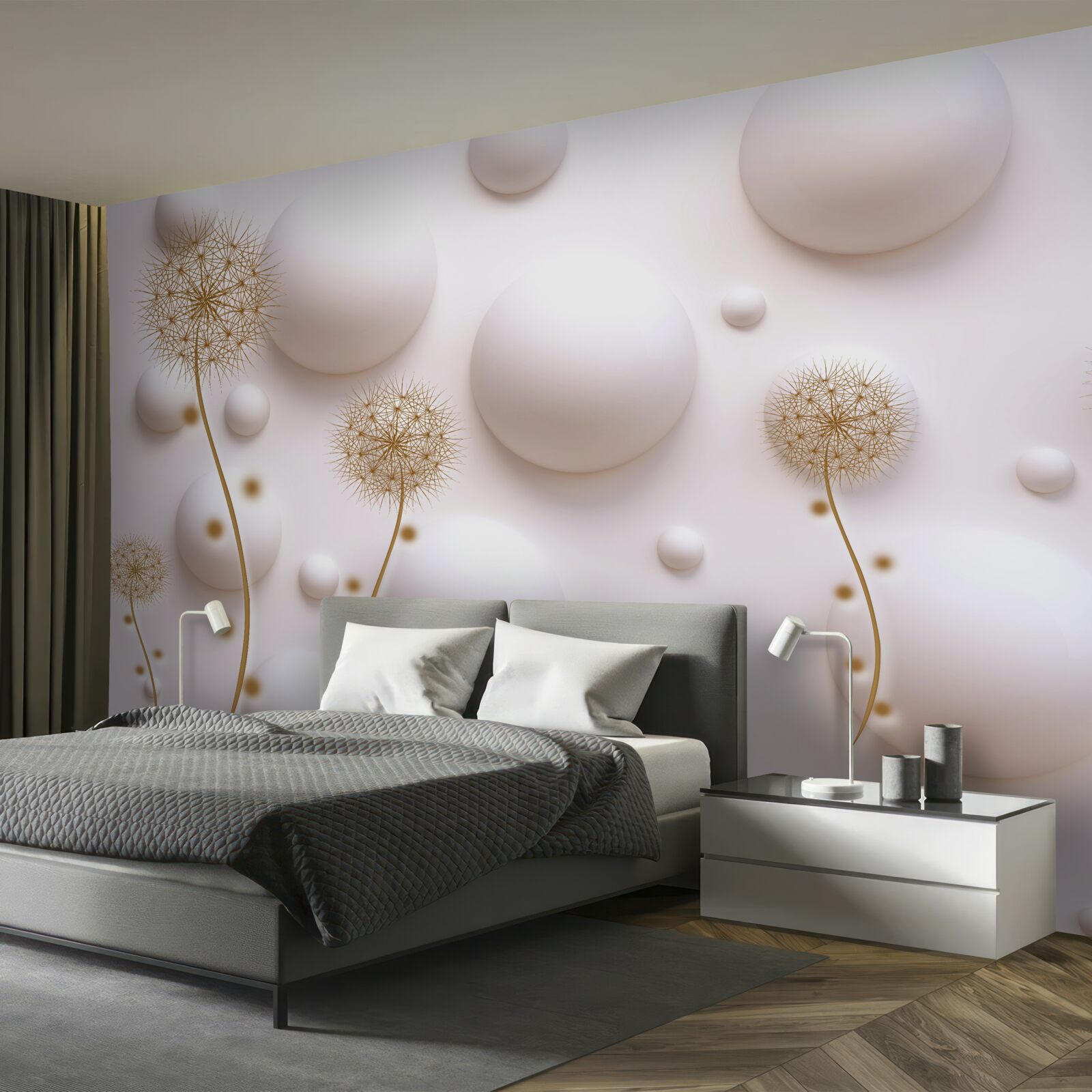 Fotobehang Sneeuwwitte ronde parels en gouden milleons